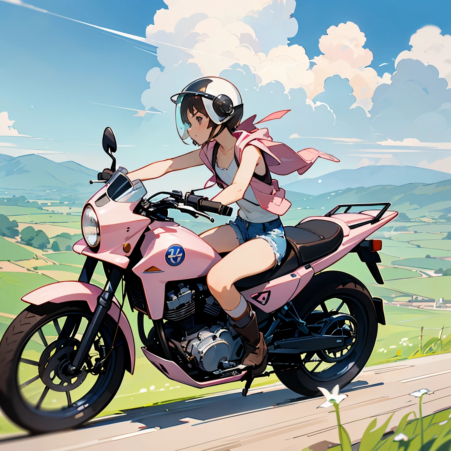Highest quality、A girl is riding a white Super Cub、Dark brown short cut、(He is wearing a jet helmet with white and black lines running down the center of the helmet from front to back.、White tank top、Pink jacket、Denim shorts、White knee-high socks、Brown work boots:1.3)、Japanese countryside scenery、Road beside the stream、Small creek、Dirt Road、Weeds grow along the side of the road、Blue sky、White clouds floating、Early summer sky、