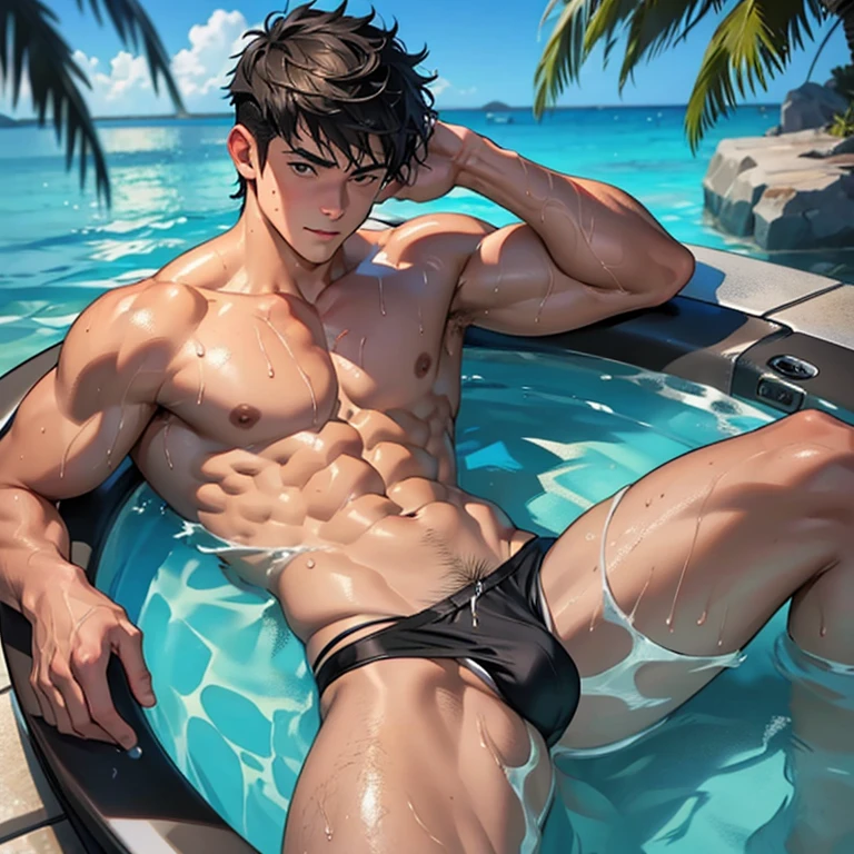 Un hombre, juvenil, fornido, in a relaxing jacuzzi, los brazos estirados, with a black swimsuit, who has a bulge in his swimsuit, que tenga ojos verdes, que sea rubio, that is wet all over his body from the water of the jacuzzi