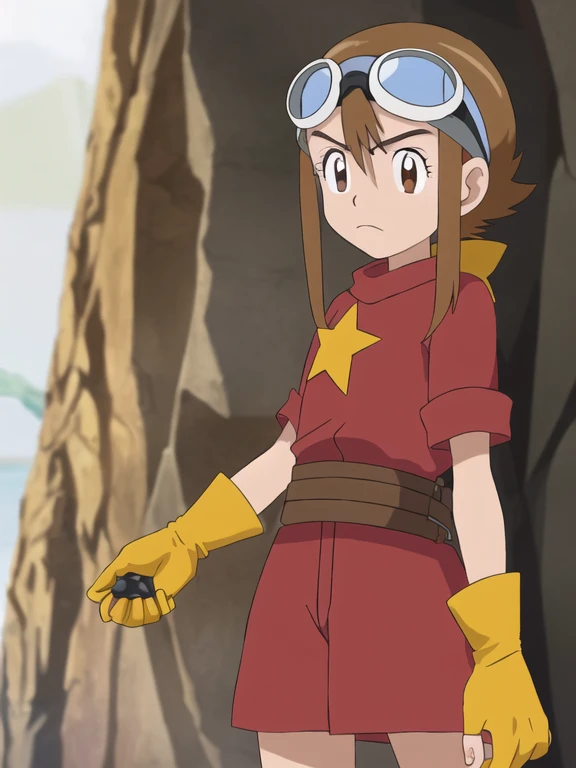 digimon, By the chestnut, solo, enfoque masculino, 1 chico, safety glasses, Brown eyes, guantes, safety glasses on head, estrella \(symbol\), frown, pelo de punta, cueva,   ((Obra maestra)) 