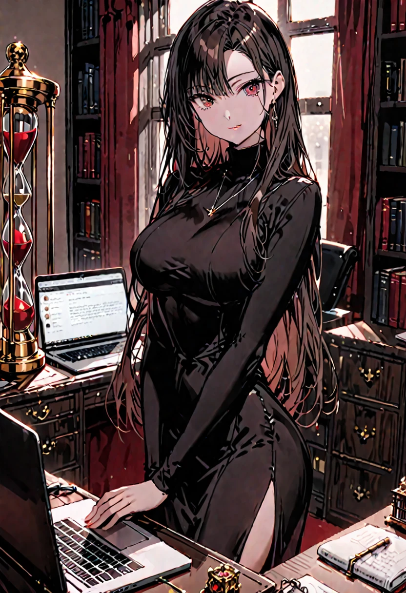 solo, female, sfw, medium shot, very tall, long hair, dark brown hair, red eyes, fit, large breasts, hourglass figure, black turtleneck dress, elegant, study room, gentle smile, laptop, elegant