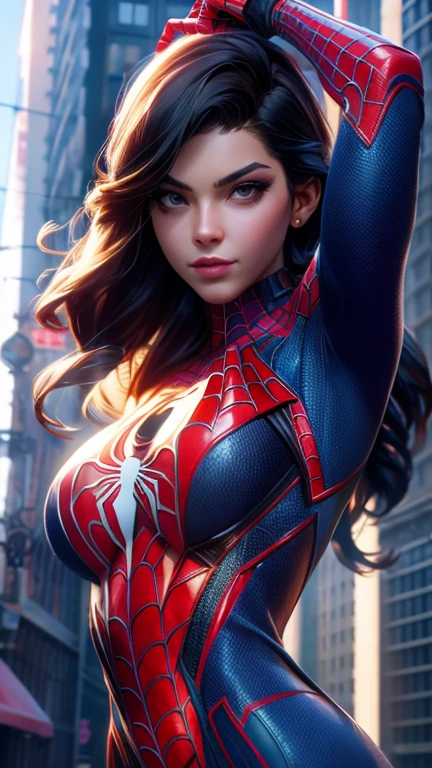 A close up of a woman in a spider - man suit swinging on a spider web above a city street Beautiful woman detailed defined body using spider man cosplay, medium breasts