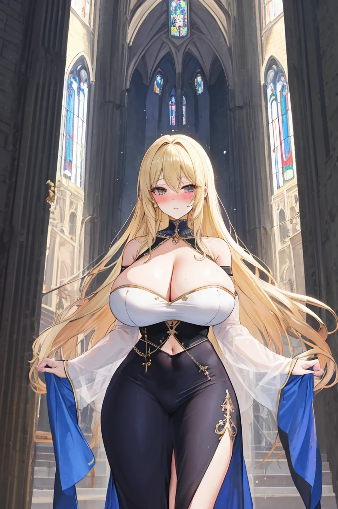 A woman with big ，Beautiful，A devout believer，Long blond hair，Exquisite，((transparent))，Cleavage，Slim waist，Showing belly，pubic，blush，cathedral