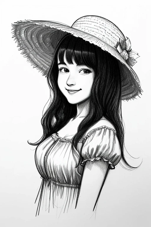 A drawn bust of a very young girl, not even a teenager. She has black hair that is slightly fluffy, and on top of it she's wearing a traditional wide brimmed straw hat shaped similarly to a bottle cap. Her eyes are noticably pale, due to her being blind. She's staring to the right. Her face is reasonably chubby, and she's smiling. The drawing is simple, with no outstanding artistict traits. (Sketch:1.5) (Illustration:1.0) (Pretty:0.7) (normalface:1.0) (Ameteur:1.0) (Unprofessional:1.0) (Poor detailing:1.0)