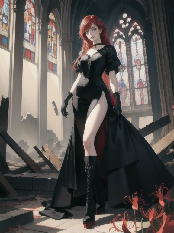 Very detailed, High resolution, masterpiece, Realistic, Beautiful details, depth, Fine texture , highest quality: 1.3, looking at the viewer, perfect face, perfect eyes, red hair, bangs, sorceress, pale skin, dark makeup, mysterious smile, dark hair ornaments, green eyes, choker, long gloves, long boots, gothic dress, long black dress, split dress, red spider lilies, Higanbana, church ruins on background
