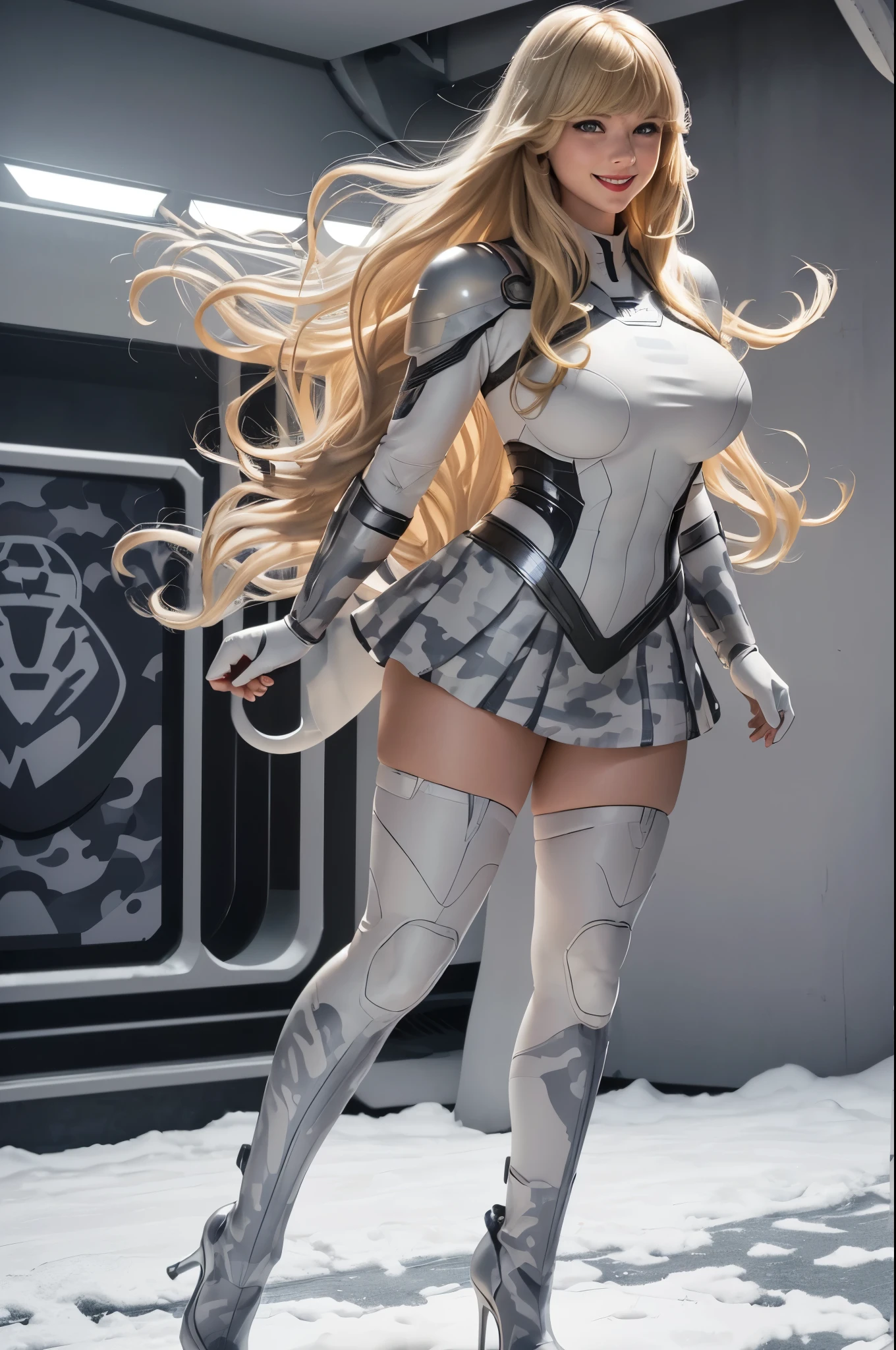 Supergirl, 29 years old, ((( Taylor Swift:Emma Stone:0.7))) full body shot, Beautiful woman (((long wavy blonde hair)))(bangs:1.2) defined body, Red lipstick, smiling slightly, hands free, standing, (( white, light grey, dark grey camouflage futuristic armor with matching heels, without skirt)), snow covered field, daytime (huge_breasts:1.3) (curvy:1.2)(chubby:1.1)
