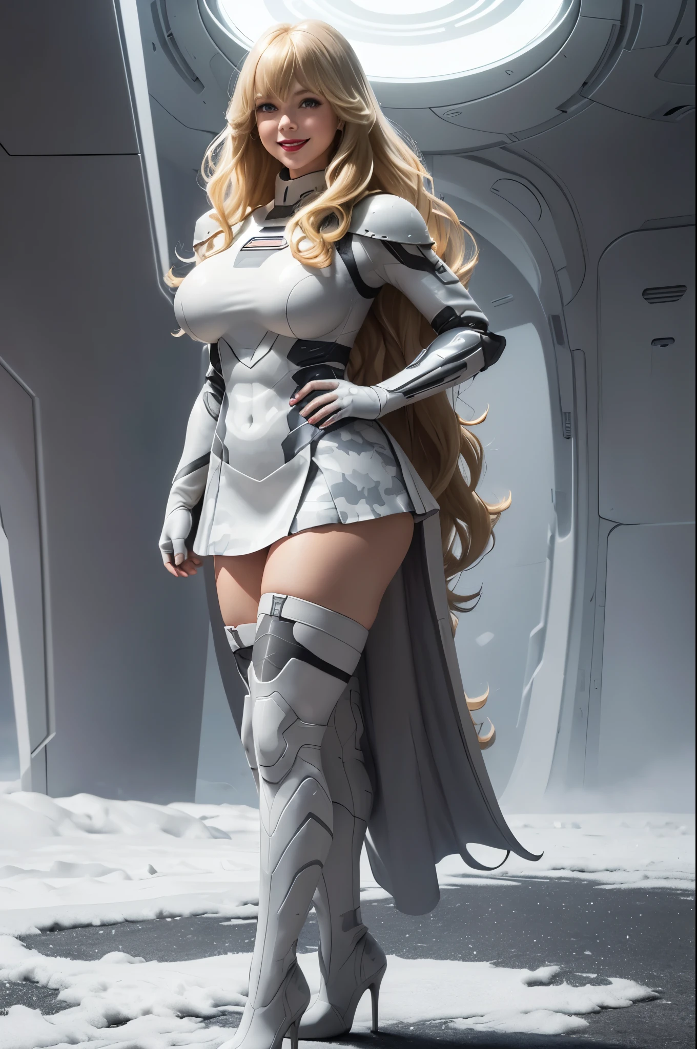 Supergirl, 29 years old, ((( Taylor Swift:Emma Stone:0.7))) full body shot, Beautiful woman (((long wavy blonde hair)))(bangs:1.2) defined body, Red lipstick, smiling slightly, hands free, standing, (( white, light grey, dark grey camouflage futuristic armor with matching heels, without skirt)), snow covered field, daytime (huge_breasts:1.3) (curvy:1.2)(chubby:1.1)