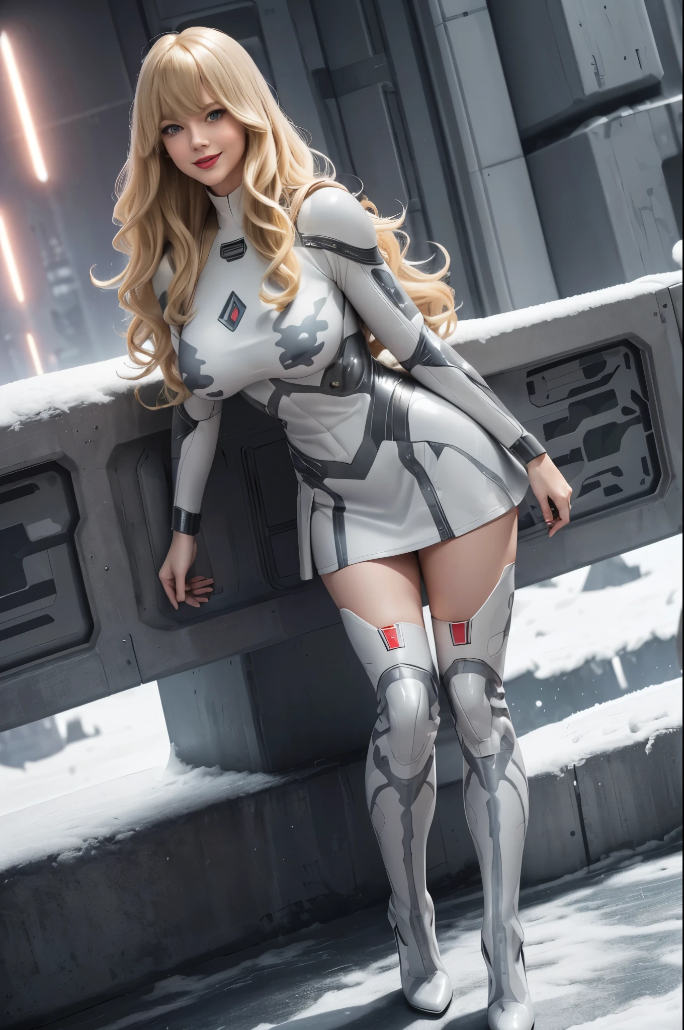 Supergirl, 29 years old, ((( Taylor Swift:Emma Stone:0.7))) full body shot, Beautiful woman (((long wavy blonde hair)))(bangs:1.2) defined body, Red lipstick, smiling slightly, hands free, standing, (( white, light grey, dark grey camouflage futuristic armor with matching heels, without skirt)), snow covered field, daytime (huge_breasts:1.3) (curvy:1.2)(chubby:1.1)