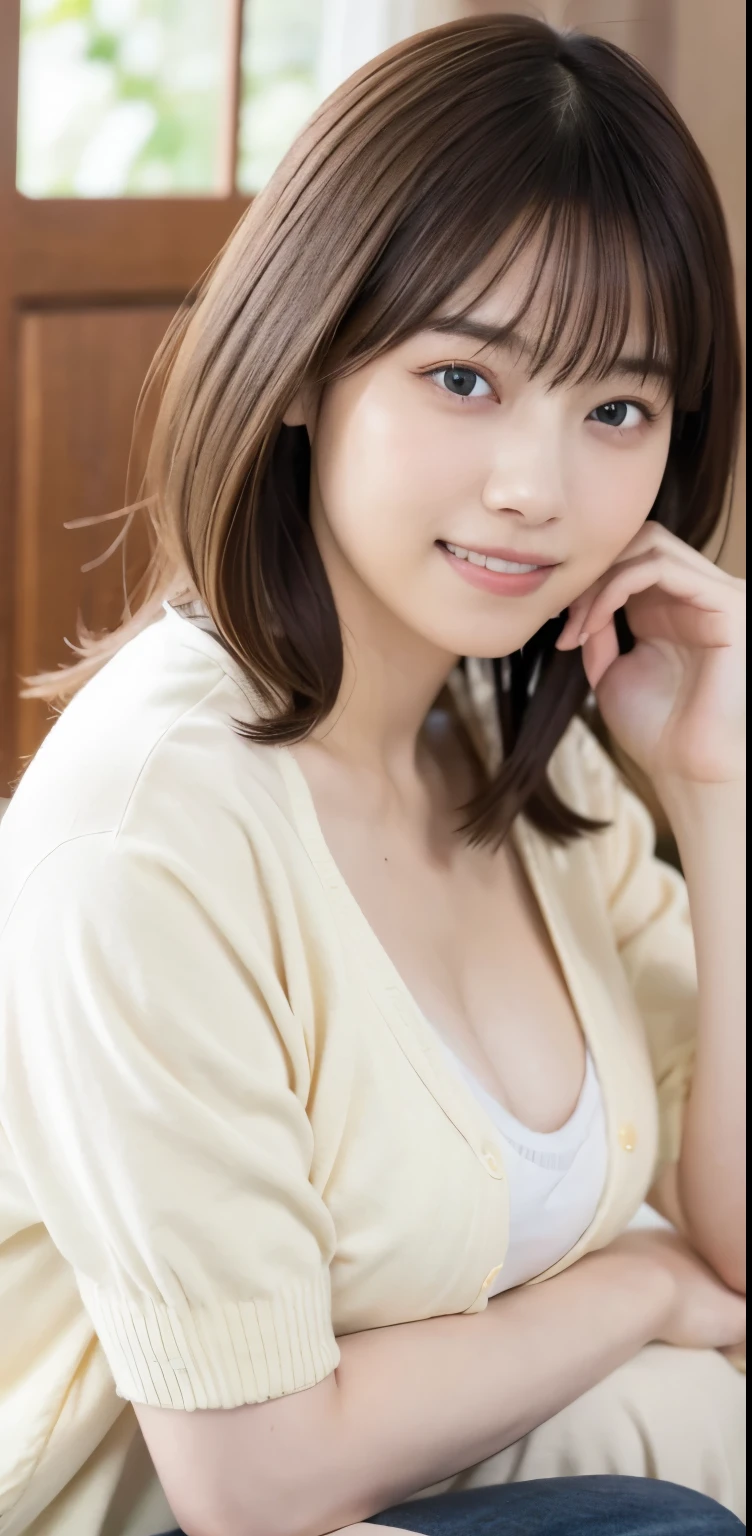 (8k), (highest quality: 1.2), (Realistic), (Realistic: 1.37), Ultra-high resolution, 1 girl, Head to knee photo、cute, smile, Mouth closed, Beautiful details, Beautiful Nose, whole body, Wet Hair, Giant Dulcefo, pork, , (Large Breasts)、Saggy breasts、Soft Breasts、Overflowing breasts、White blouse and greyish knit cardigan、隠しきれないLarge Breasts、Nipples、Voluptuous thighs、Odd Eye、Heterochromia iridis