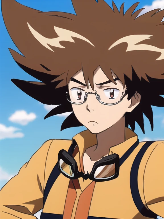 digimon, By the chestnut, solo, enfoque masculino, 1 chico, safety glasses, Brown eyes, guantes, safety glasses on head, estrella \(symbol\), frown, pelo de punta, cueva, ((Obra maestra))