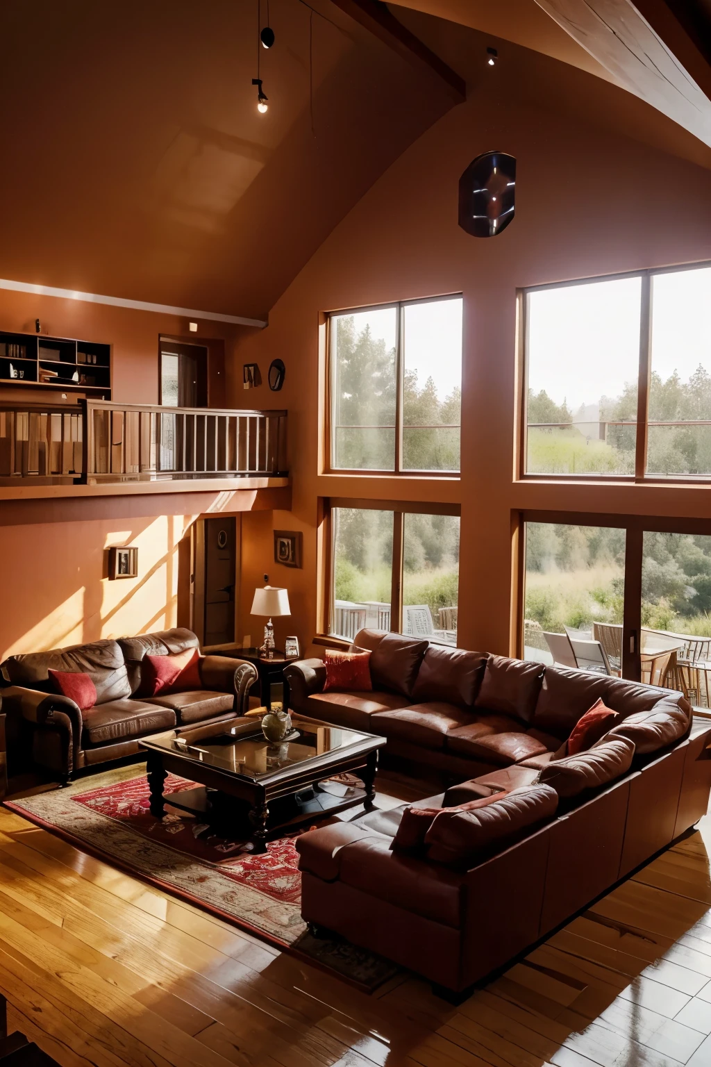 A living room with double height ceilings and a large floor-to-ceiling window. A cozy room for a weekend, red sofas, a table in the center with wine and 2 glass glasses. the environment has warmer colors, reminiscent of the passion of a couple who lives together