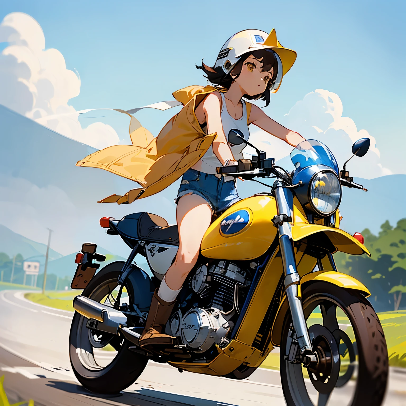 Highest quality、A girl is riding a blue Super Cub、Dark brown short cut、(Wearing a white jet helmet、White tank top、Yellow Jacket、Denim shorts、White knee-high socks、Brown work boots:1.3)、Japanese countryside scenery、Winding Road、Weeds grow along the side of the road、Blue sky、White clouds floating、Early summer sky、
