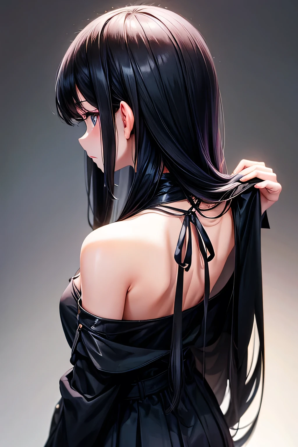 girl with long black hair show her backside neck