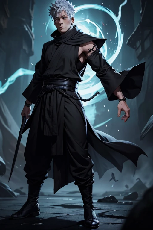 Jujutsu Kaisen sorcerer, D&D style, black clothes, one character, full body, looks like a monk, has an evil face, uses magic, the setting is dark and destroyed