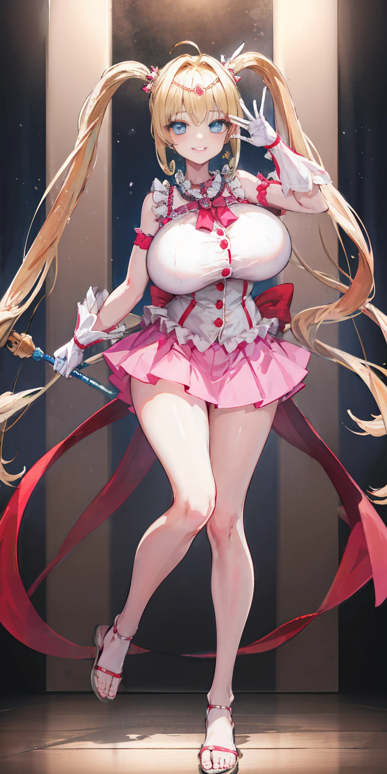 masterpiece, best quality, highres, hmnl, hmnl, twintails, tiara, blue eyes, idol, dress, gloves,(best quality, high-res, masterpiece:1.2), ultra-detailed,1.37, portraits, vivid colors, studio lighting, sharp focus, physically-based rendering, long hair, blue eyes, beautiful detailed eyes, beautiful detailed lips, twintails, tiara, ahoge, hair ornament, idol, dress, gloves, standing, smile, huge breast, curvy, staff, long skirt, standing, full body, flipflops, larges skirt, long skirt, refsheet