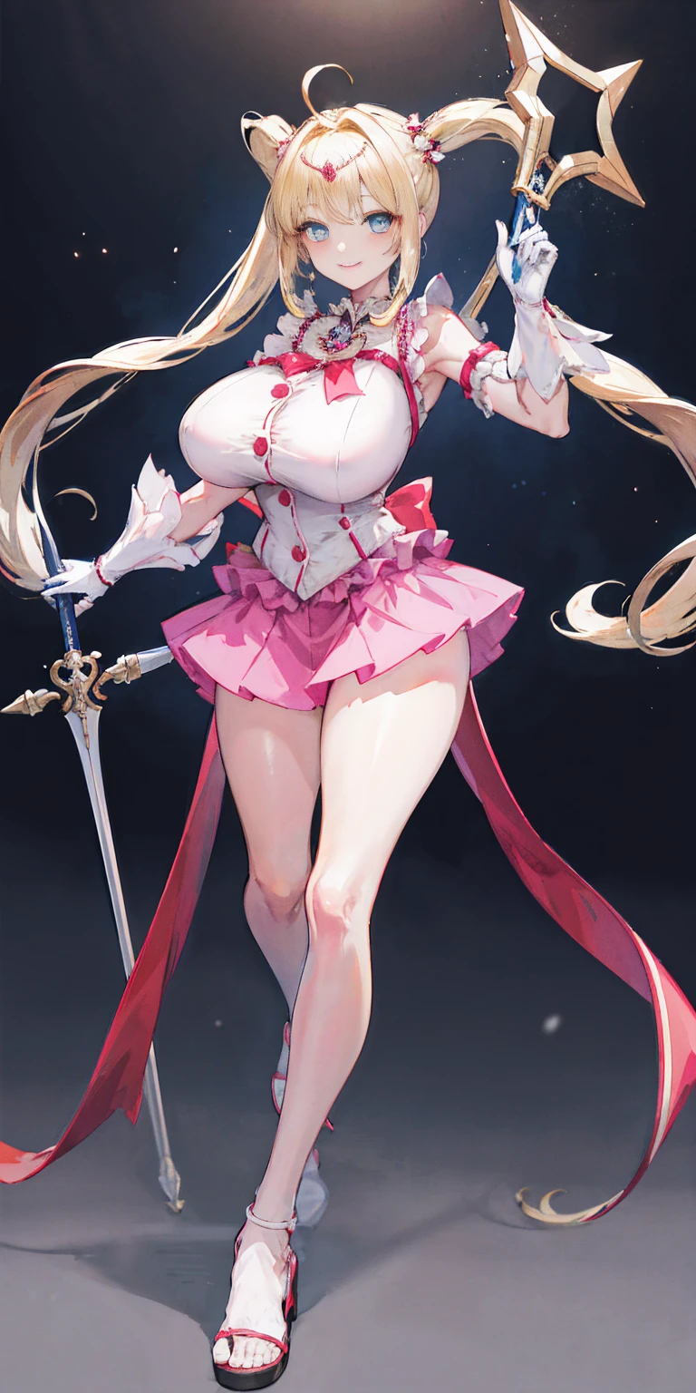 masterpiece, best quality, highres, hmnl, hmnl, twintails, tiara, blue eyes, idol, dress, gloves,(best quality, high-res, masterpiece:1.2), ultra-detailed,1.37, portraits, vivid colors, studio lighting, sharp focus, physically-based rendering, long hair, blue eyes, beautiful detailed eyes, beautiful detailed lips, twintails, tiara, ahoge, hair ornament, idol, dress, gloves, standing, smile, huge breast, curvy, staff, long skirt, standing, full body, flipflops, larges skirt, long skirt, refsheet