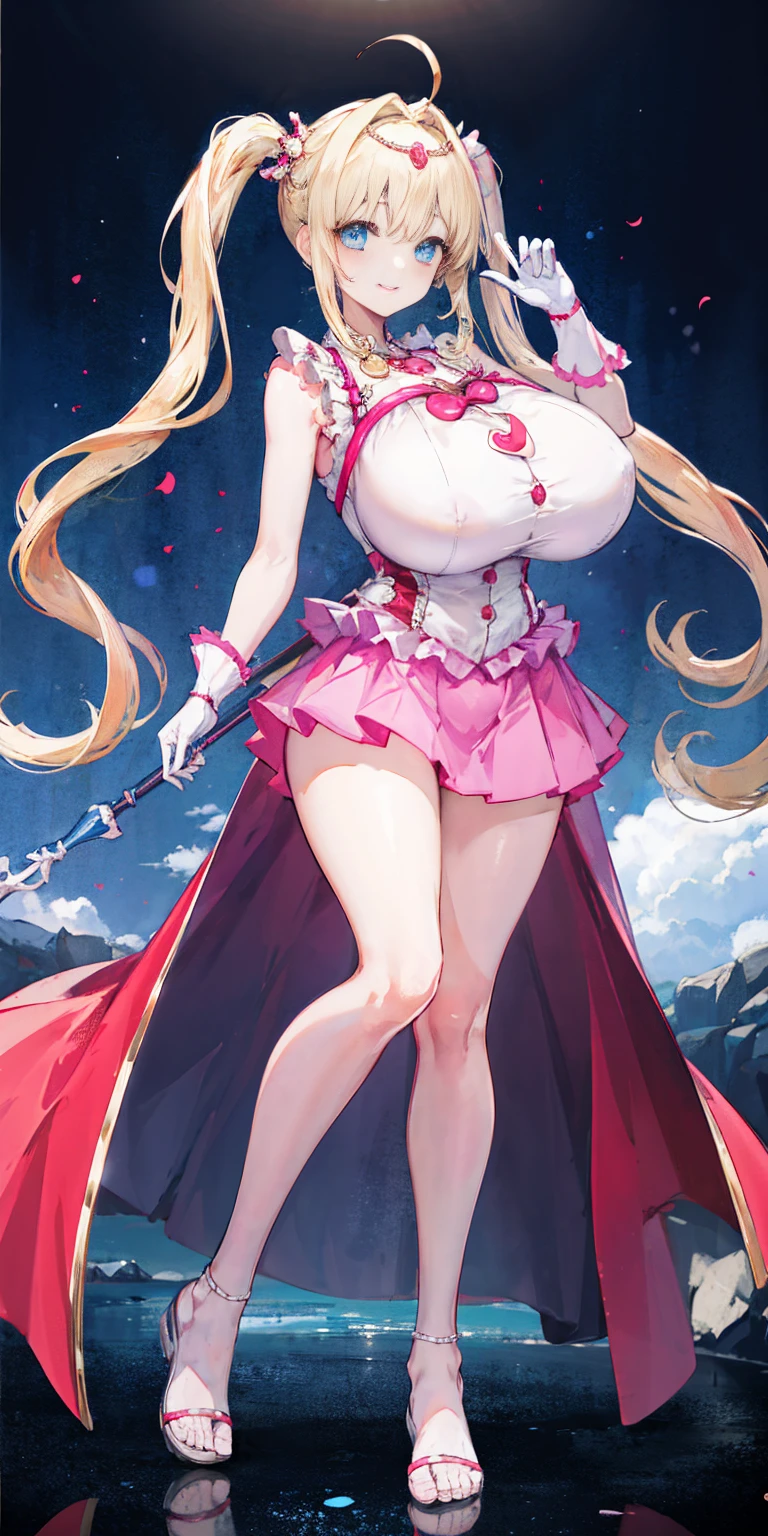 masterpiece, best quality, highres, hmnl, hmnl, twintails, tiara, blue eyes, idol, dress, gloves,(best quality, high-res, masterpiece:1.2), ultra-detailed,1.37, portraits, vivid colors, studio lighting, sharp focus, physically-based rendering, long hair, blue eyes, beautiful detailed eyes, beautiful detailed lips, twintails, tiara, ahoge, hair ornament, idol, dress, gloves, standing, smile, huge breast, curvy, staff, long skirt, standing, full body, flipflops, larges skirt, long skirt, refsheet