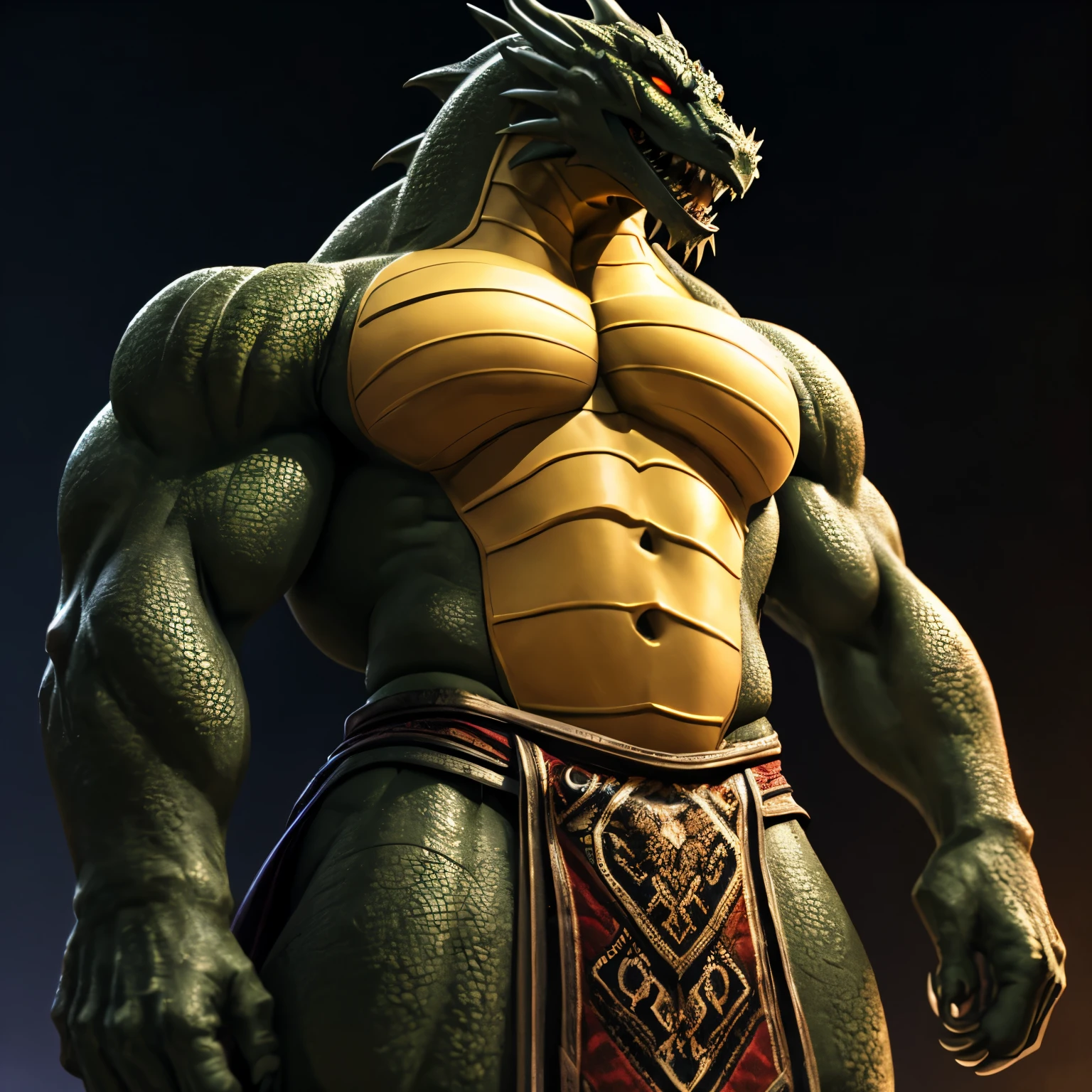 (full body), (soft shading),  4k, hi res,, Shendu, Male, Solo, Dark Green Body Color, Standing, Muscular, Muscle: 3, Pectoral Muscle: 2, Claws, Hands on Hips, Red glow eyes, Loincloth, Dragon Teeth, Dragon Tail, Correct Anatomy, (Realistic Shadows, Depth of Field, HDR, Low Side Angle Shot), Daddy Vibe, Middle-Aged, Handsome Face, Side View, Looking Front, Big Pecs, Abs, macro