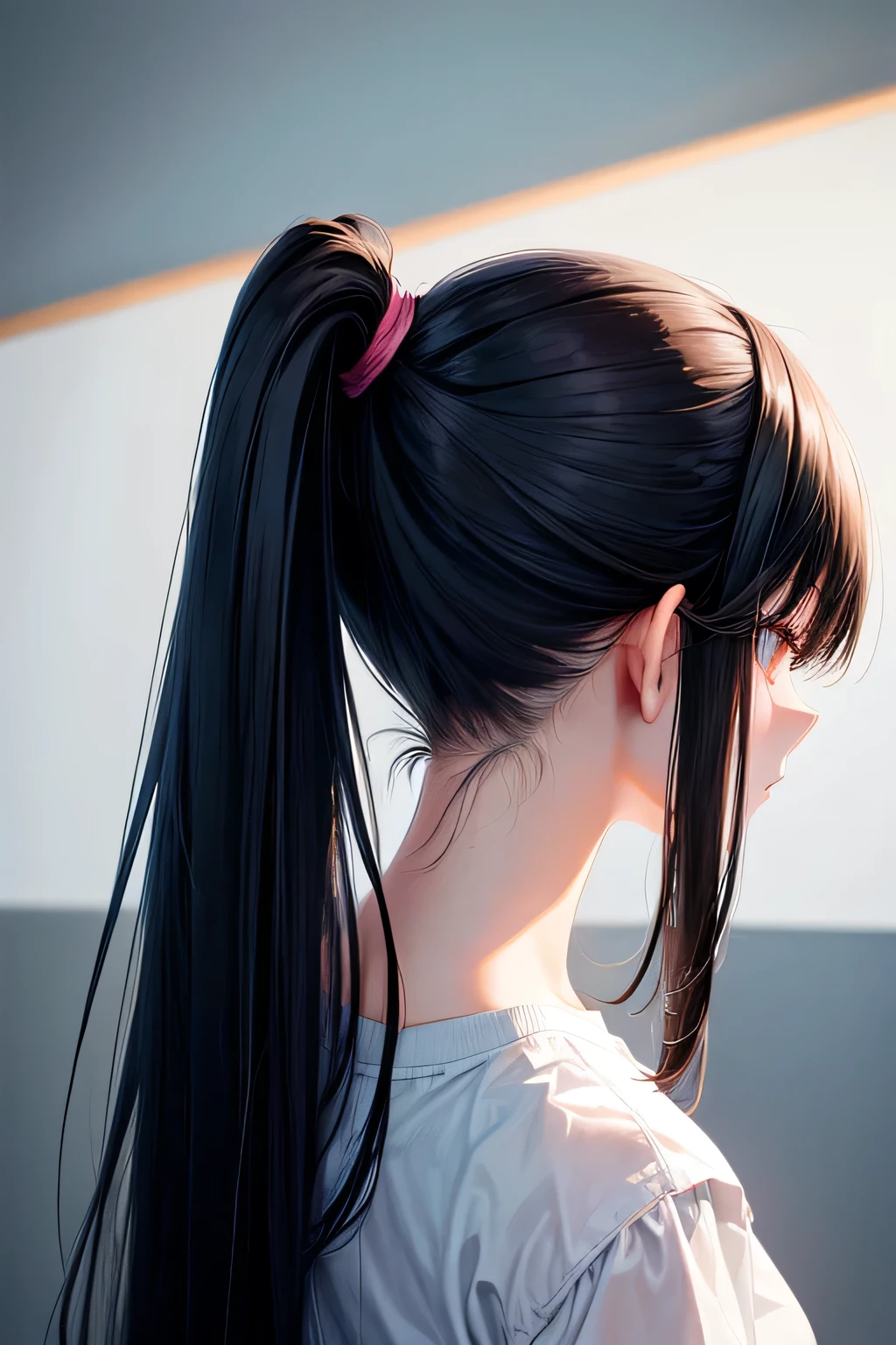girl with long black hair tie her hair into ponytail