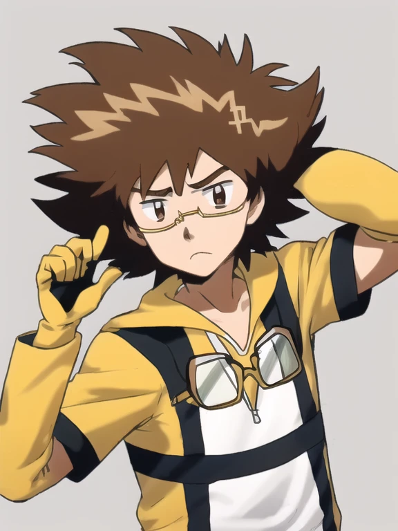 digimon, By the chestnut, solo, enfoque masculino, 1 chico, safety glasses, Brown eyes, guantes, safety glasses on head, estrella \(symbol\), frown, pelo de punta, cueva, ((Obra maestra))