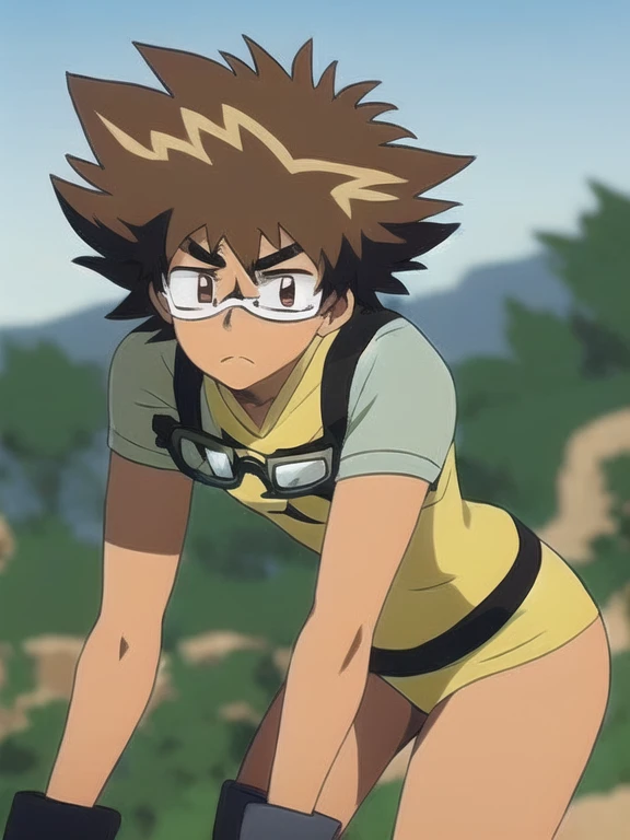 digimon, By the chestnut, solo, enfoque masculino, 1 chico, safety glasses, Brown eyes, guantes, safety glasses on head, estrella \(symbol\), frown, pelo de punta, cueva, ((Obra maestra))