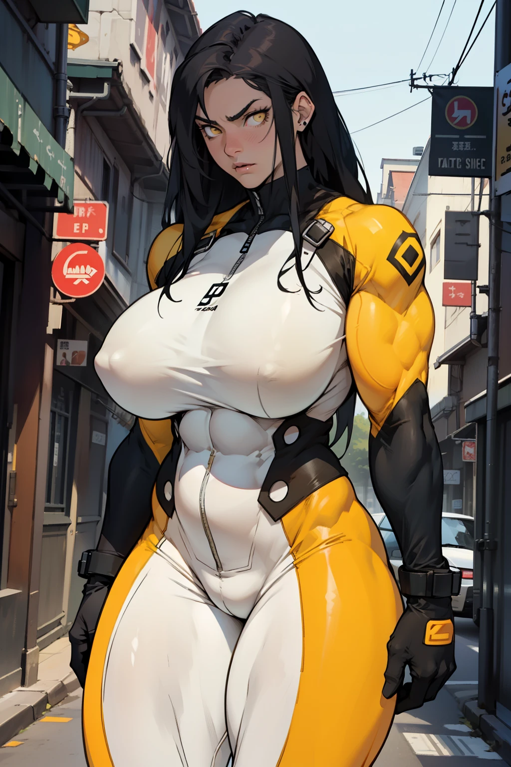(1girl), black hair, extremely long hair, yellow eyes ((((((muscular)))))), (((huge breasts))), ((((thick thighs)))), solo, despair face, (pale skin), cowboy shot, (((full bodysuit)))
