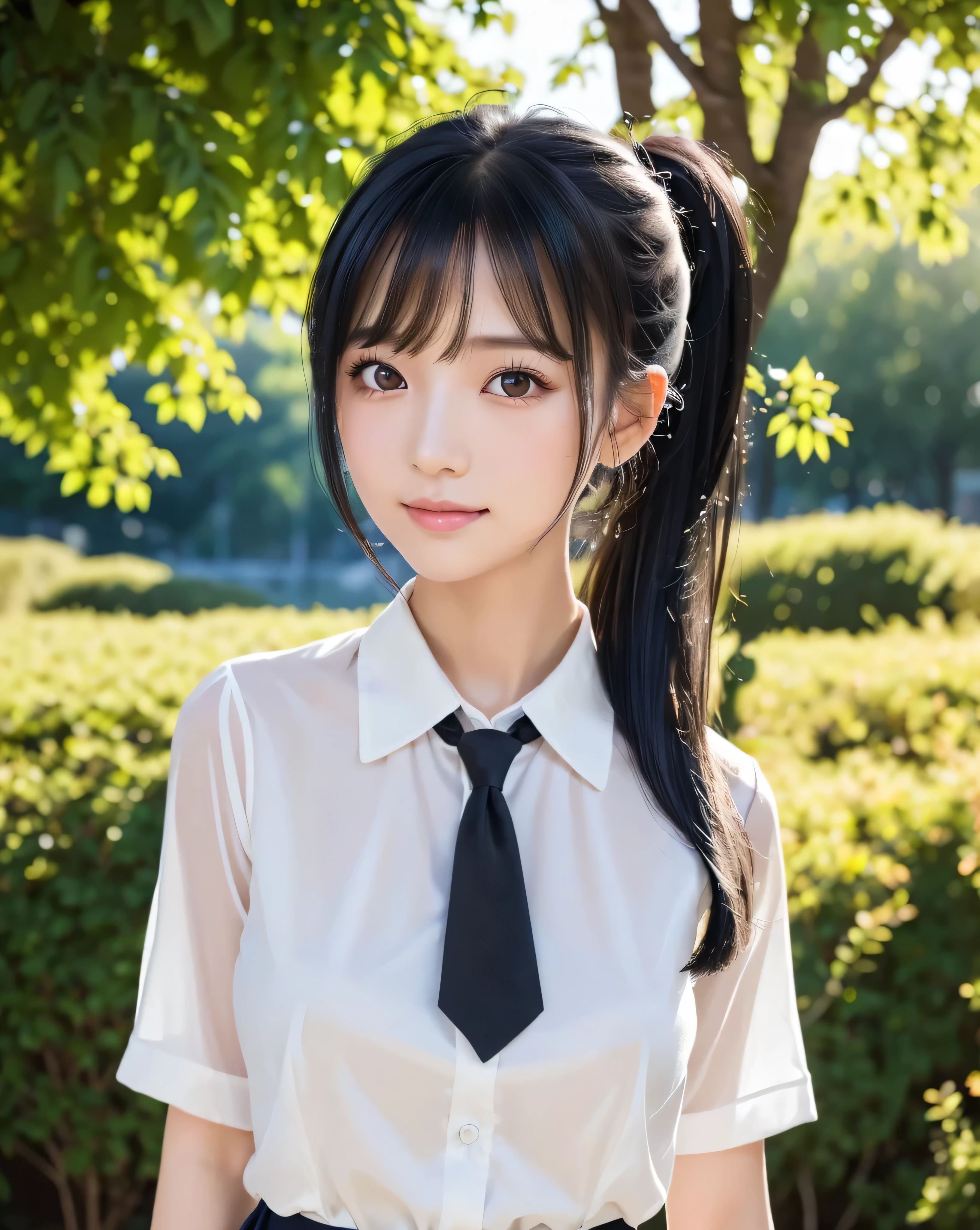 (highest quality), ((32k)), (High resolution), (Masterpiece:1.5), god々A photograph with brilliant dazzling and healing power., ((Illuminated by the strong light of midsummer)), Evoking a sense of calm and elusive beauty, Expressing emotions, Have a rich imagination, Beautiful Japanese Girls, An exceptionally beautiful face, Perfect Human Anatomy, Magical big eyes, fleeting smile, Motherhood and generosity, ((Shiny black hair:1.3), (Beautiful ponytail)), Asymmetrical bangs, Hair between the eyes, Transparent, soft white skin, Neat, thin eyebrows, double eyelid, Natural Makeup, Cheek highlighter, Pale pink detailed lips, ((School Uniform:1.4)), White cutter shirt with red tie, Grey pleated skirt, ((Country road)), Detailed summer sky, Slim figure with ample breasts, High resolutionの美しい太もも, Hair that shines in the dazzling midsummer sunlight, Professional Lighting, Professional Photographer, Professional Model, God&#39;s Secret