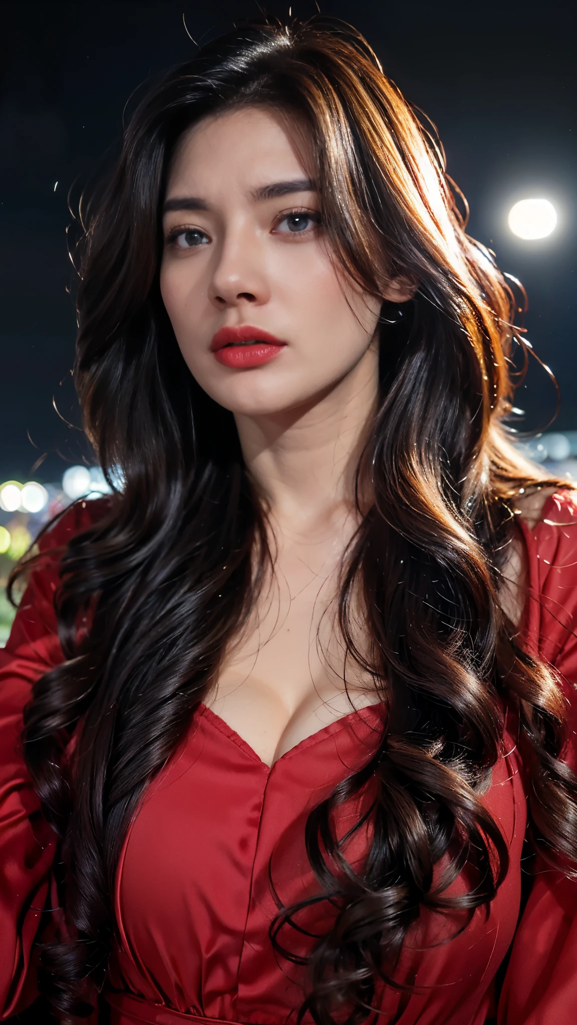 masterpiece, best quality,, sexy women, (colorful),(finely detailed beautiful eyes and detailed face),cinematic lighting,bust shot,extremely detailed CG unity 8k wallpaper,wavy hair,solo,angry face,red dress,((flying petal)), sky, cloudy_sky, building, moonlight, moon, night, (dark theme:1.3), light, fantasy,