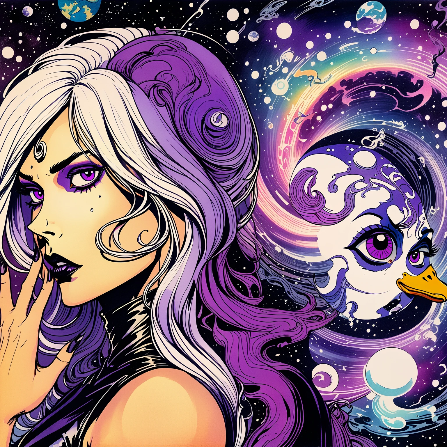 Cryptic Girl, Joelle Jones hand drawn expressive bold ink lines, full length portrait, (hair duo-tone purple, white gradient long hair), stylish futuristic steampunk black leather outfit, watercolor 1940's swirling vast abyss cosmos, indifferent, kind, balance, fate of cosmos, tapestry of galaxy, energy of wisdom and strength, hidden power of the planet, together with too precious adorable slightly sinister rubberduck, ((wordless)) cinematic poster, splash page, image within image, optical illusion, double exposure, (Cryptic Force) with 90\'s comics coloring style except her hair