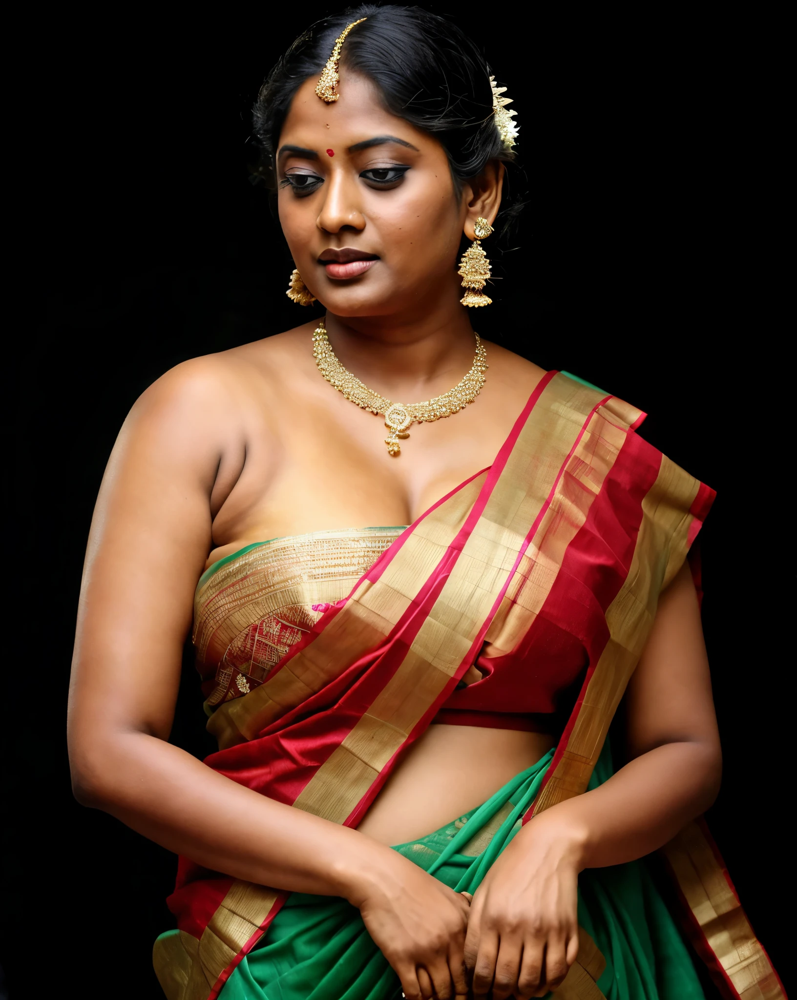 Looks like Indian Actress Ester Noronha, An Extremely gorgeous and beautiful Bengali village woman, 45 yo, pale white skin, sensual appealing body, perfect thick and chubby Beauty, wearing saree bare-chested, wearing a Bengali-style saree without a blouse,, ethnic vintage bengali village woman, bengali style saree, The sari was worn without a blouse and petticoat before the British Raj, baring one's chest or being blouseless, Bengalis a.k.a. Bongs are known for their unique Bengali fashion sense (the way they don that sari makes you go wow), Pre British Raj, Pre colonial era, Bengali Woman draping sari without blouse is a normal thing in pre British Era, bong woman, wearing kajal or kohl or kajol in eyes,