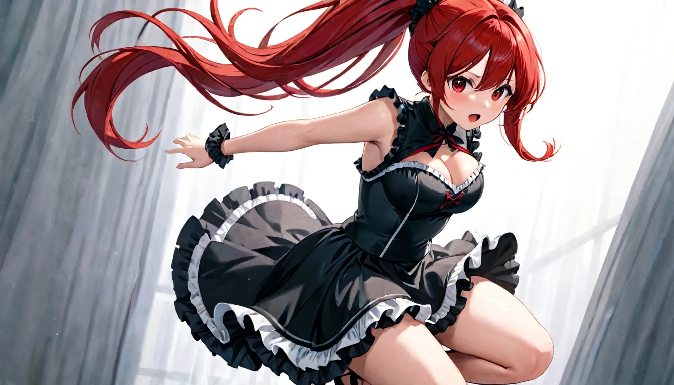 (best quality,highres:1.2),ultra-detailed,(realistic:1.37),
NSFW,jumping,ponytail,red inner colored hair,black long hair,scared from above,
dress,frilled skirt,busty cute girl