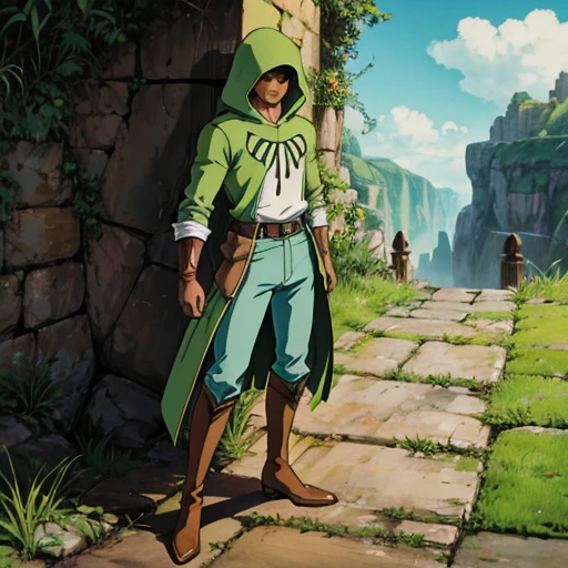 T-Pose, Chibbi, Tan shirt, green pants, green knee high boots, hood, male