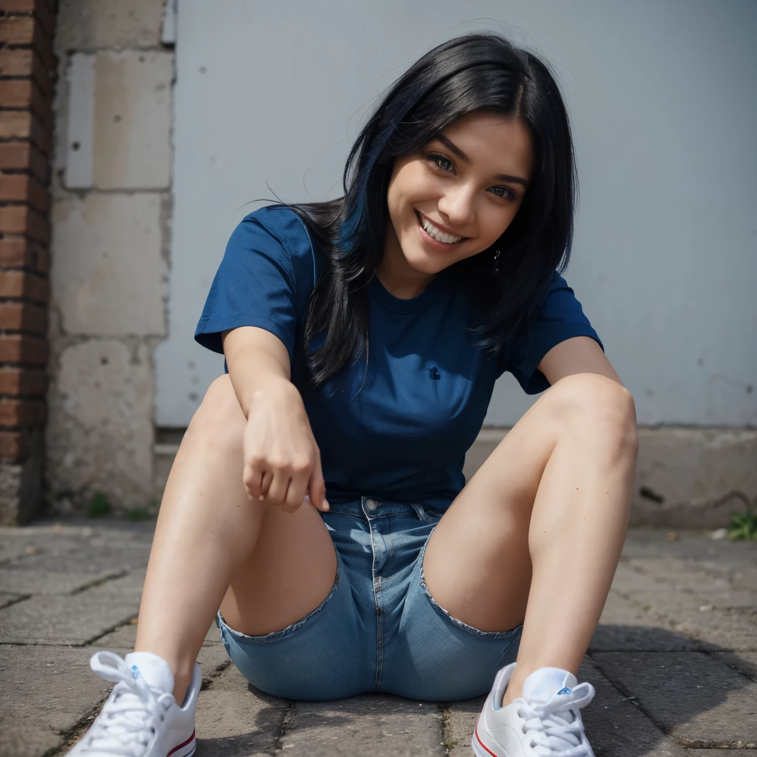 High definition,mulher,tamanho medio, cabelo preto, lisos e longos  camiseta azul marinho, jeans, white sneakers. Um sorrisso com dentes brancos e largos.