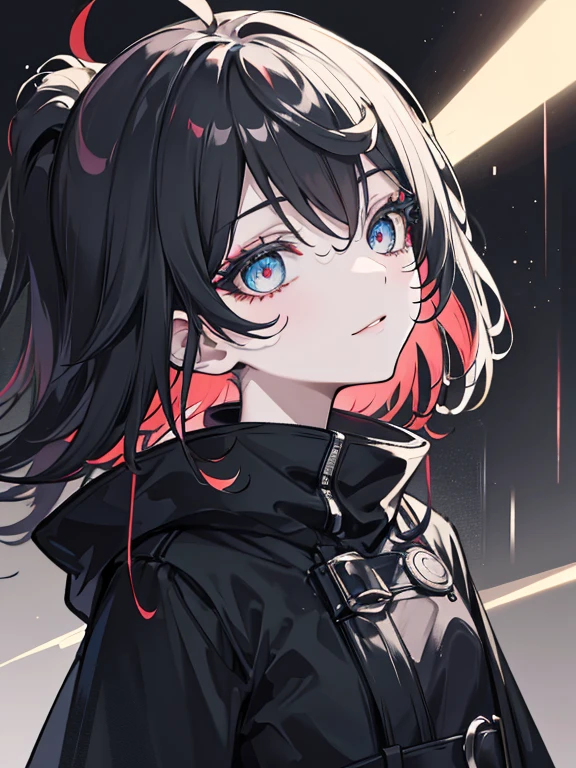 1girl, with vibrant makeup, in a night city covered in heavy rain, wearing an elegant black coat, looking up with a confident expression.