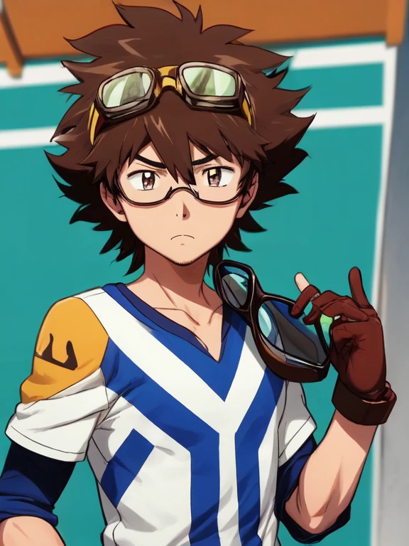 digimon, By the chestnut, solo, enfoque masculino, 1 chico, safety glasses, Brown eyes, guantes, safety glasses on head, estrella \(symbol\), frown, pelo de punta, cueva, ((Obra maestra))