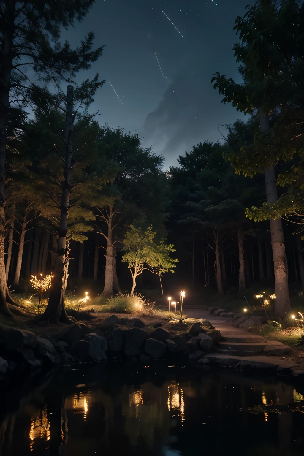 (best quality,ultra-detailed,realistic:1.37),magical, ethereal, night, vibrant plants, mystical atmosphere, glowing plants, fireflies, enchanting atmosphere, dark backgrounds, dark purple blue color scheme, forest at night, light blue glowing pond, fantasy, 1080 pixels by 1080 pixels