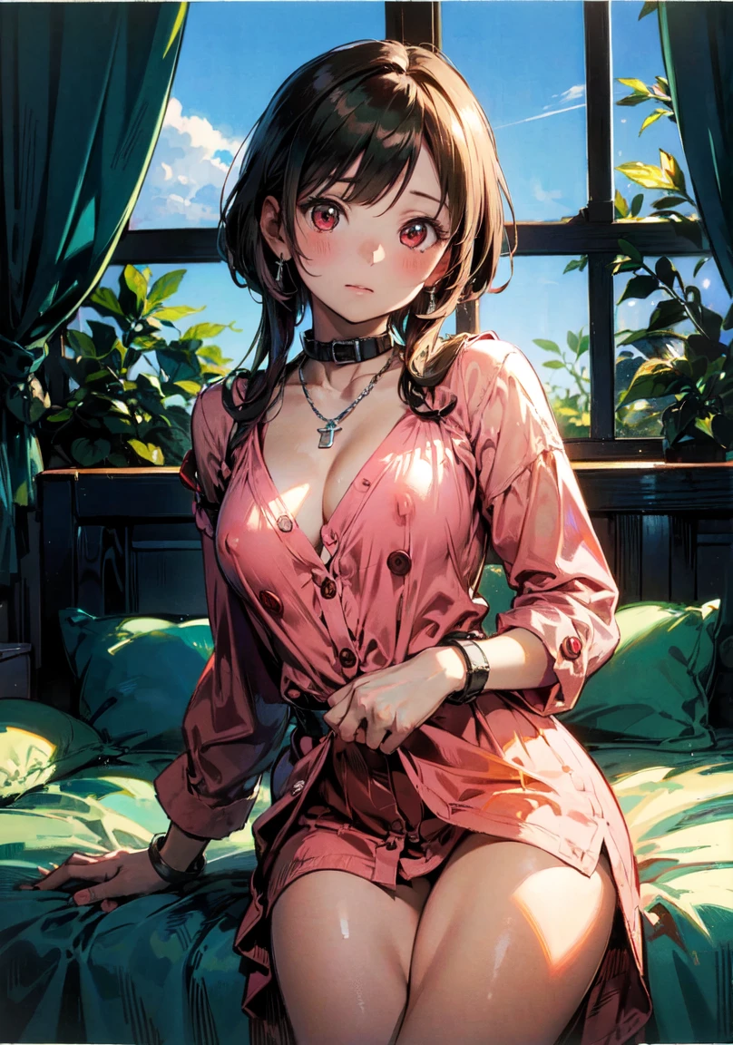 ((chibi)),masterpiece,highest quality,Very detailed,8k,
(((One Girl)))、Zhou Haoguang,warm color,Realistic Skin,Glowing Skin,bloom,High Contrast,cute、thin、
break、
(((Look Down、Cowboy shot with contrast、Dynamic Angle:1.3)))、silver chain diamond necklace、Bright red eyes、
break、
Lola Eyes、Lying in bed、Top-down Bottom-up、(Tifa FF7)、
break、
(((A loose shirt dress with large buttons)))、(((Bottomless)))、blush、Embarrassing、((Small breasts))、Accentuate your cleavage、(Erect nipples:0.8)