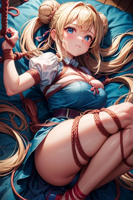 piperBS, 1girl, blonde hair, hair bun, blue dress, puffy sleeves, short sleeves, pink gloves, fingerless gloves, pink belt, shoes, blue footwear, cute and blushing 18 years old anime girl, look away because she is embarrassed and blushes, bright blue eyes, detailed face, detailed members, detailed arms, detailed hands, Girl lying, tied by ropes, shackled, can no longer move, tied tightly, very hard tied up with lots of ropes, hampered by so many ropes that she can no longer move, bound hands and feet, ropes tie his whole body, tied extremely tightly and forcefully to her bed by a lot of ropes, its limbs are strongly tied together by ropes, his torso is tied up with thick cords, her chest is so tied up with ropes that it sticks out, her legs are tied tightly with thick ropes, his hands are tied behind his back with ropes, she can no longer move her feet, her hands which are tied by thick ropes, she desperately tries to free herself, likes to be tied tight with big ropes, likes to be immobilized by big ropes, lying down, his hands and feet are strongly tied to the railing of his bed, his legs are pressed together and tied with ropes, its limbs are held vigorously by imposing ropes, her hands are tied securely behind her back by ropes, her chest is compressed by strong ropes, she is pressed against her bed and restrained by large ropes, (shibari, arms behind the back:1.4), (hands on the back), (masterpiece, best quality) 1.5, 1girl, solo, (sexy, beautiful woman, perfect face, perfect eyes, perfect hands), samus aran, (hands on the back), Spread the legs, s&#39; ((lie in bed by big ropes)), ((close up of the girl)), ((((lie in bed)))), ((((arms tied behind the back, Legs Tied,La fille est allongée sur le ventre, La fille est allongée sur le sol:1.5)))), ((((girl seen from behind:1.4)))), ((((girl lying down on her stomach:1.4)))), ((((Outstretched arms:1.5)))), ((((Detailed hands:1.5))))