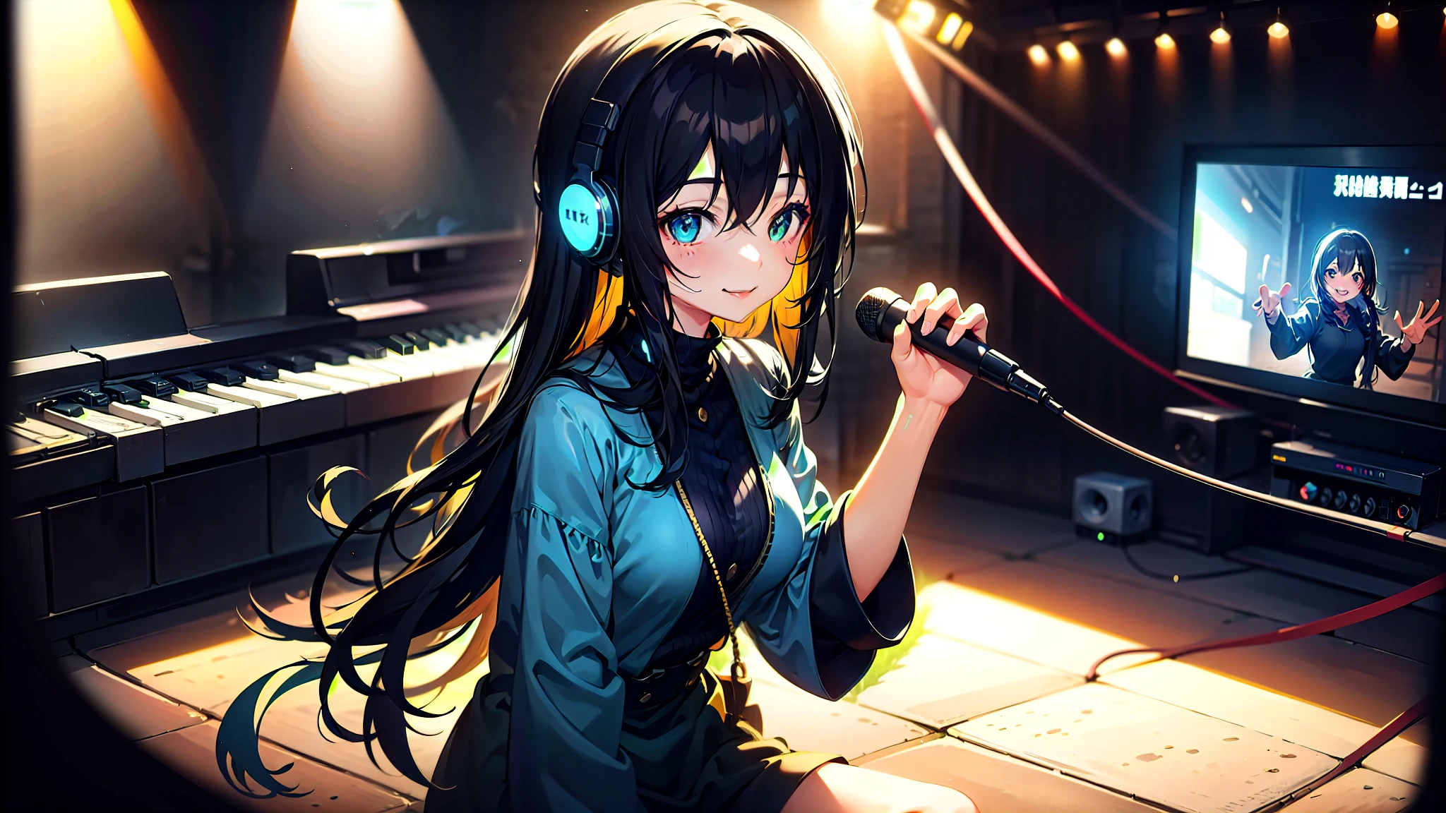 Smiling while wearing bi-ear headphones。She was in the recording studio、sitting in front of the microphone、There is a wooden acoustic panel in the background。She is wearing a light blue top、She has a bright and cheerful look。The overall atmosphere is warm、Full of joy and enthusiasm。