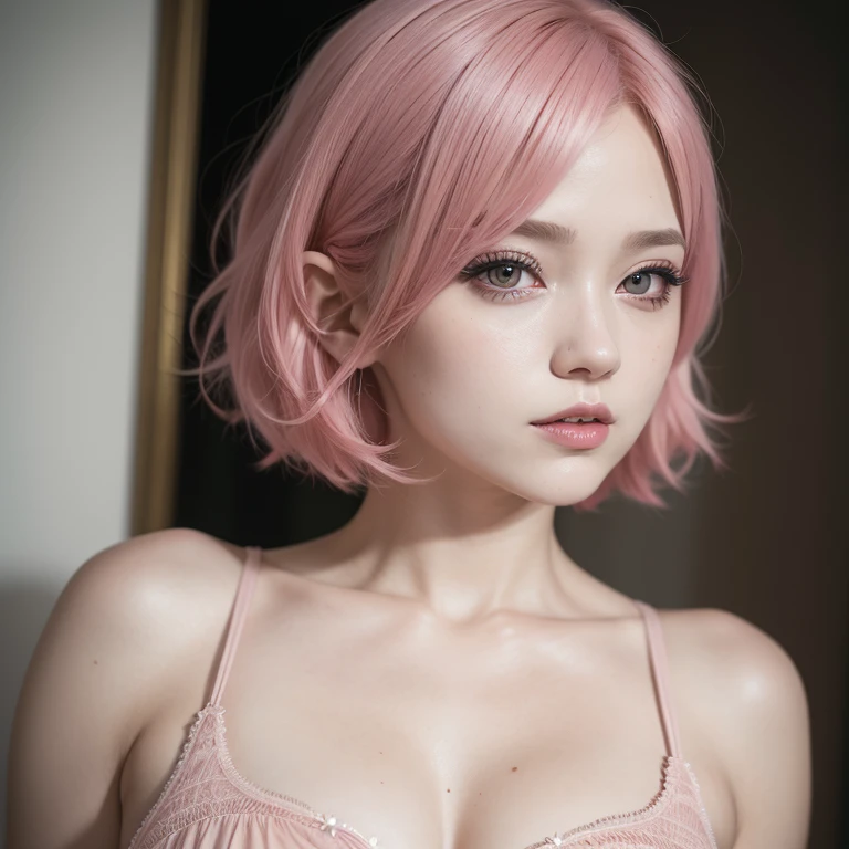 Bella Delphine,short pink hair,ahegao ,photorealistic,mega detail,professional photo,light dark makeup