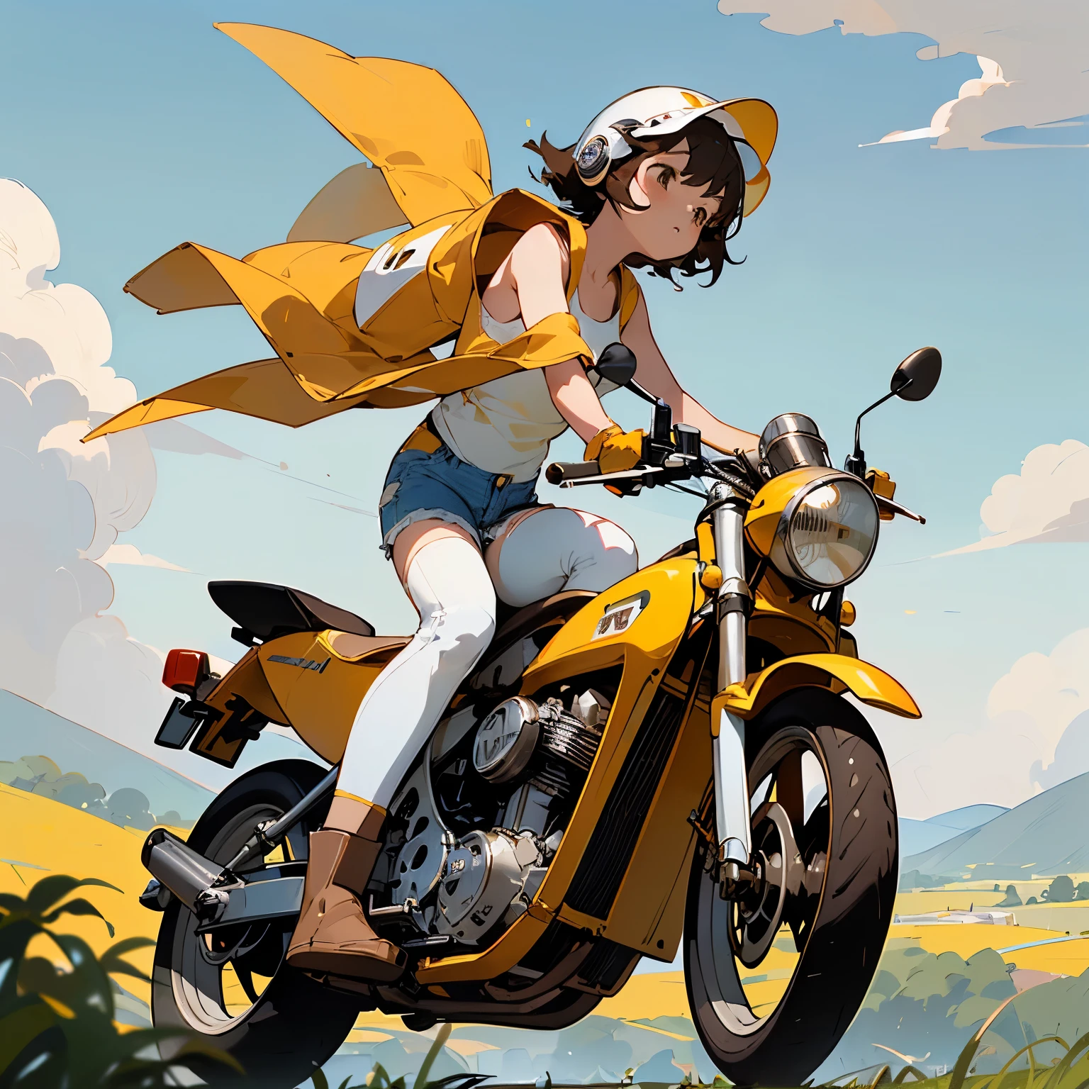 Highest quality、A girl is riding an orange Super Cub、Dark brown short cut、(Wearing a white jet helmet、White tank top、Yellow Jacket、Denim shorts、White knee-high socks、Brown work boots:1.3)、Japanese countryside scenery、Winding Road、Weeds grow along the side of the road、Blue sky、White clouds floating、Early summer sky、
