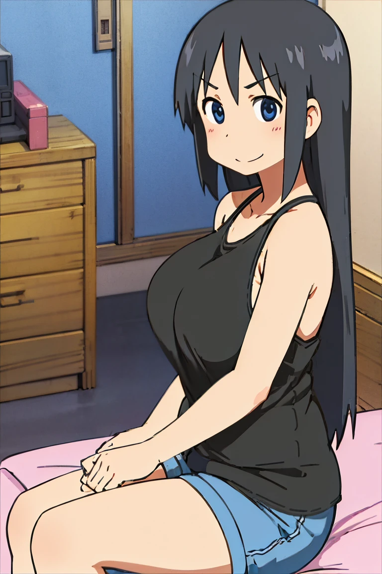 Kyoto animation, female, long hair, black hair, dark blue eye, cute face, thick eyebrows, big breast, sexy butt, slim body, atletic, sexy thigs, Black Tanktop bra, White short pants above the thigs, bedroom, sit on the bed, sweet smile, 18 years old, showing breast