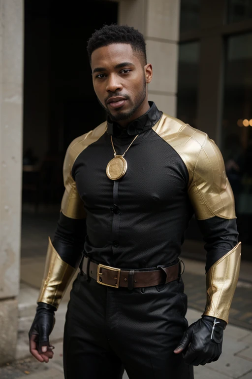 ((best quality)), ((masterpiece)), (detailed), perfect face, black man, superhero, black textured outfit, tall boots, gold belt, gold braces, letter b on his chest, leather gloves, beard