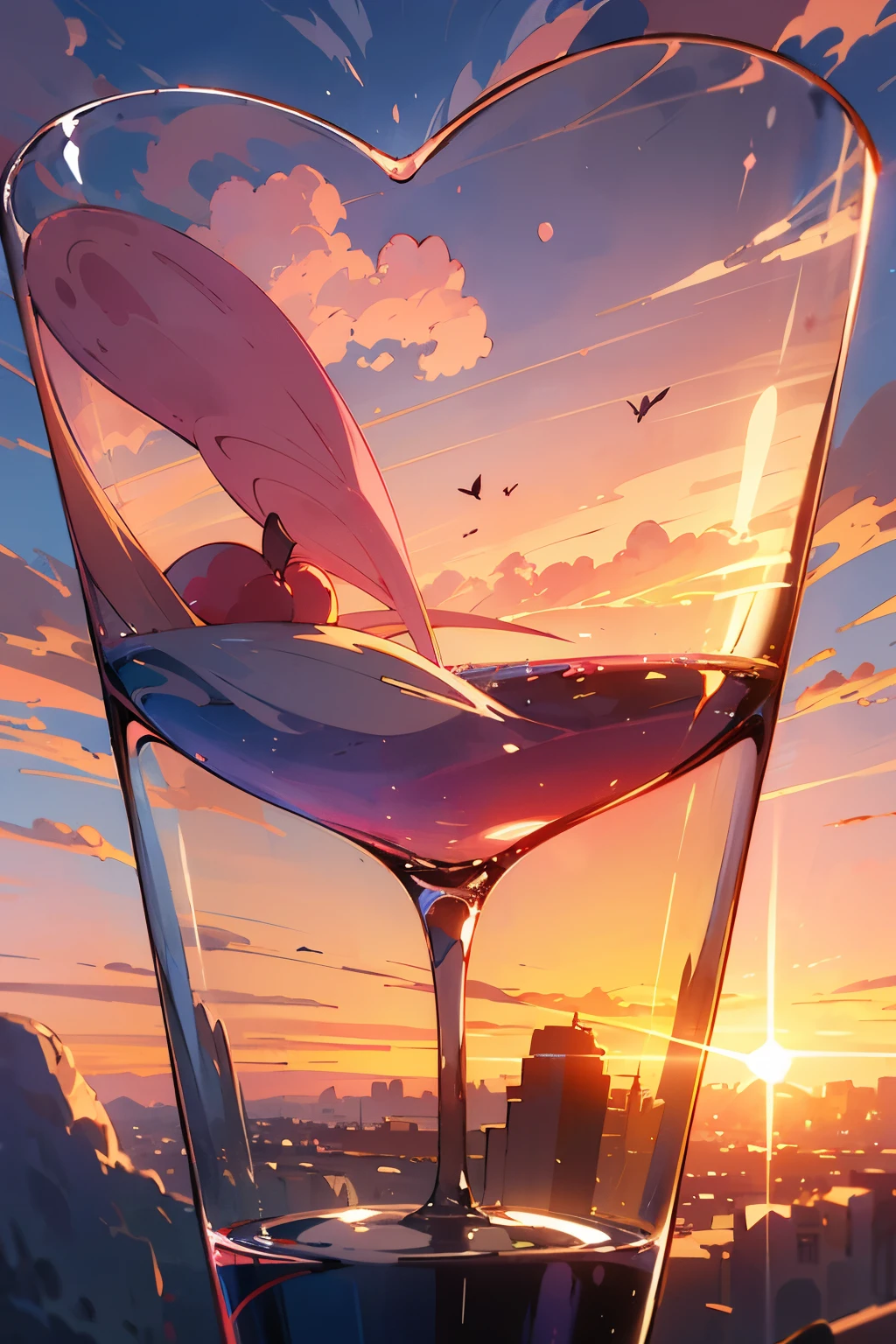 a glass heart with a landscape inside of pink clouds at sunset with a butterfly dancing