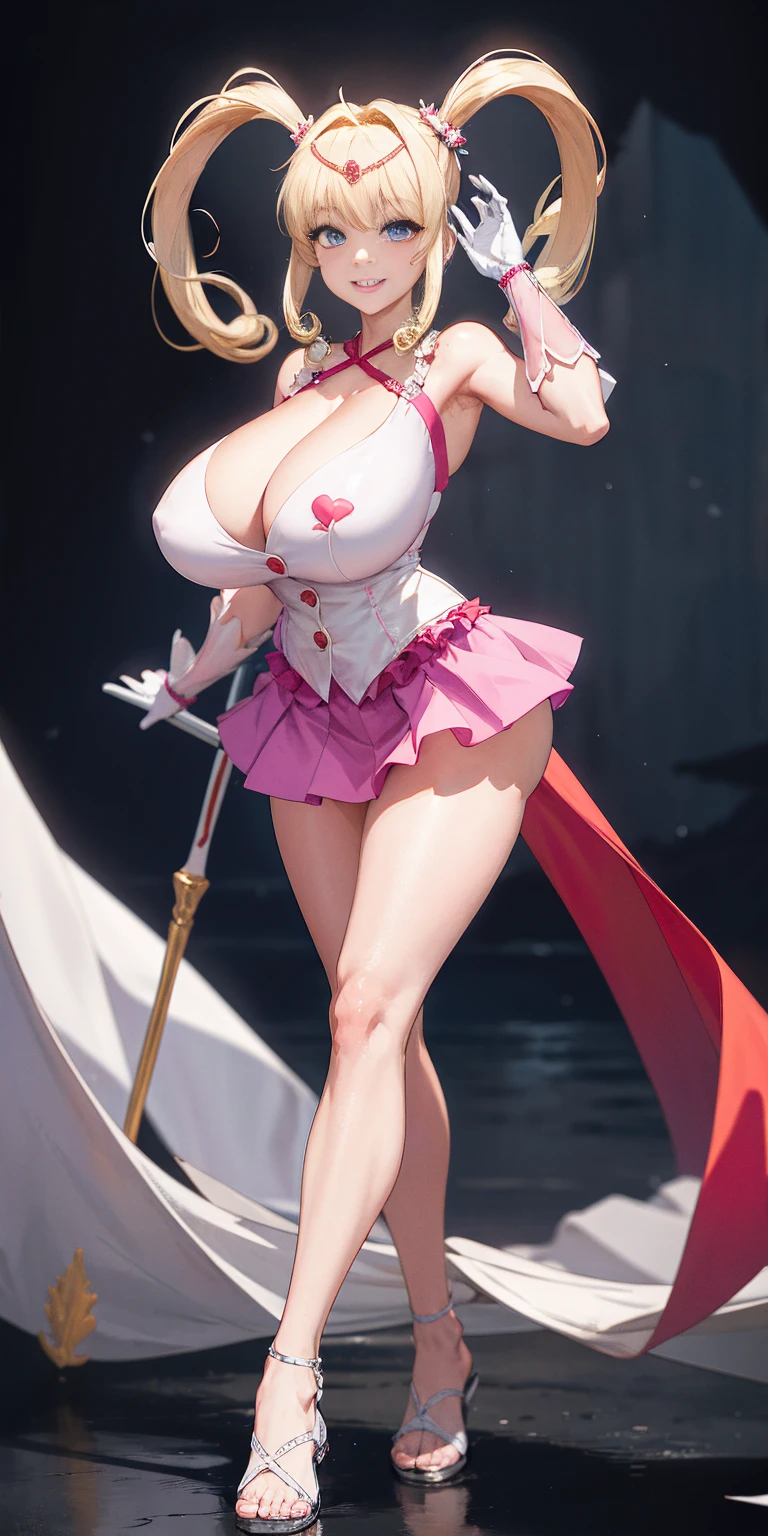 masterpiece, best quality, highres, hmnl, hmnl, twintails, tiara, blue eyes, idol, dress, gloves,(best quality, high-res, masterpiece:1.2), ultra-detailed,1.37, portraits, vivid colors, studio lighting, sharp focus, physically-based rendering, long hair, blue eyes, beautiful detailed eyes, beautiful detailed lips, twintails, tiara, ahoge, hair ornament, idol, dress, gloves, standing, smile, huge breast, curvy, staff, long skirt, standing, full body, flipflops, larges skirt, long skirt, refsheet