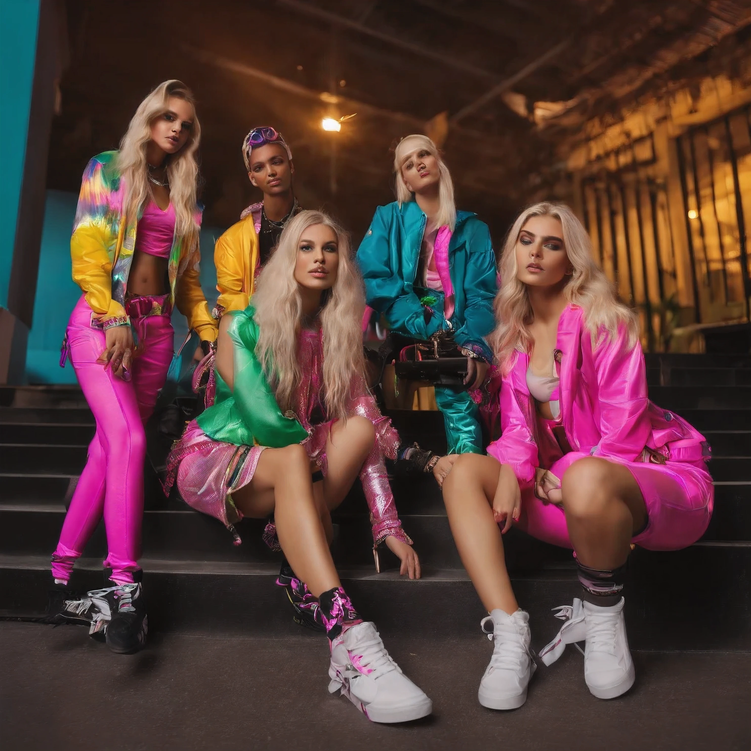 4 Blondes, 2 Girls, 1 femboy, 1 skater dude, posing as a band, Hyperpop, each wearing raver clothes