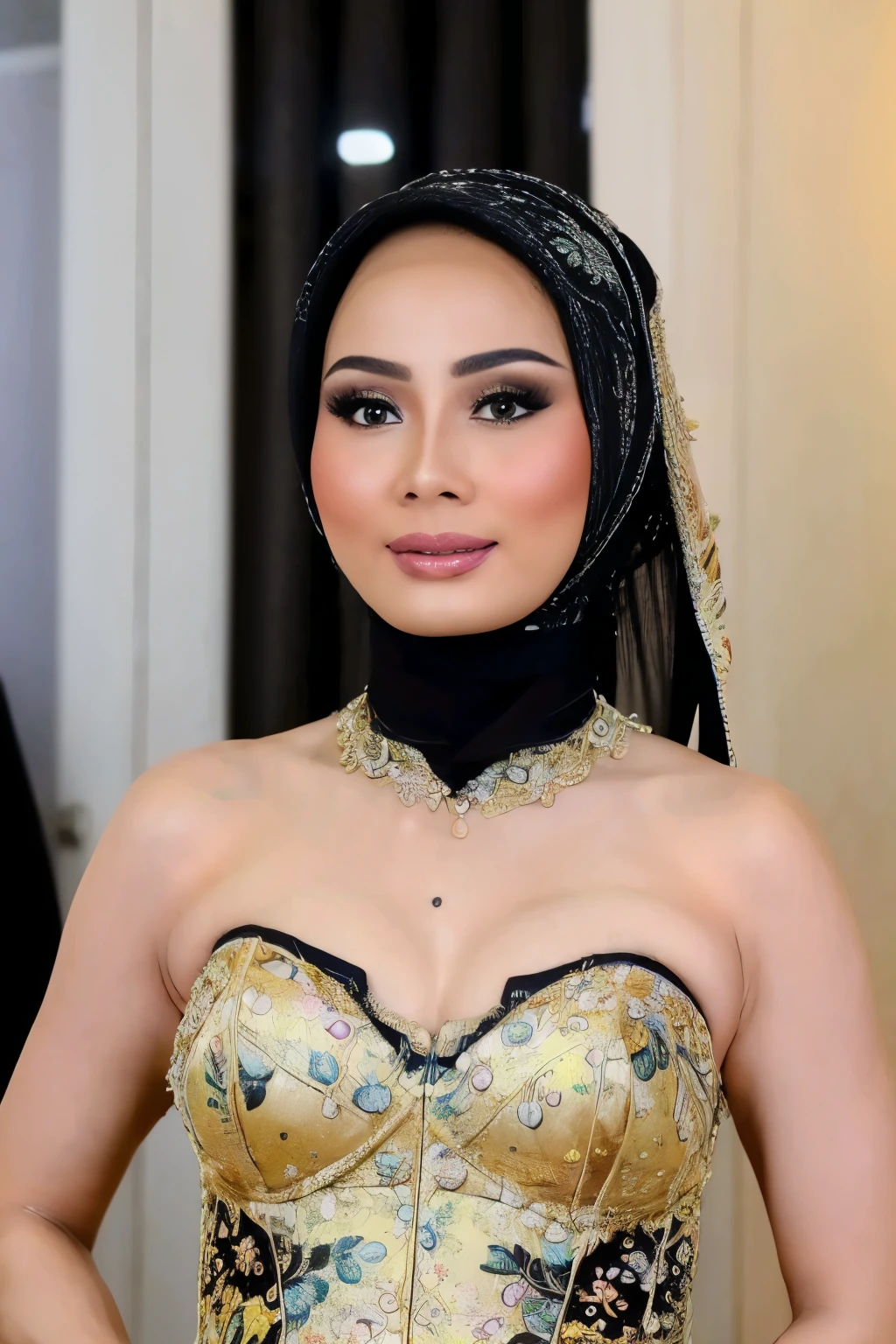 52 years Old, ((Sugar Mama)), ((Beauty Hijab Indonesian Mature woman)), ((Sensual lips)), wet Oily Tanlined  through, Droopiest Massive Large , 196 Inches , Tank Top, Fitness Pants, ((Nailing Polish)), Face full of Make up, Full body, Realistic Detailed Perfect abs, at Gym, Dark light, at Day time, Standing. (((Wearing strapless bra floral pattern)))