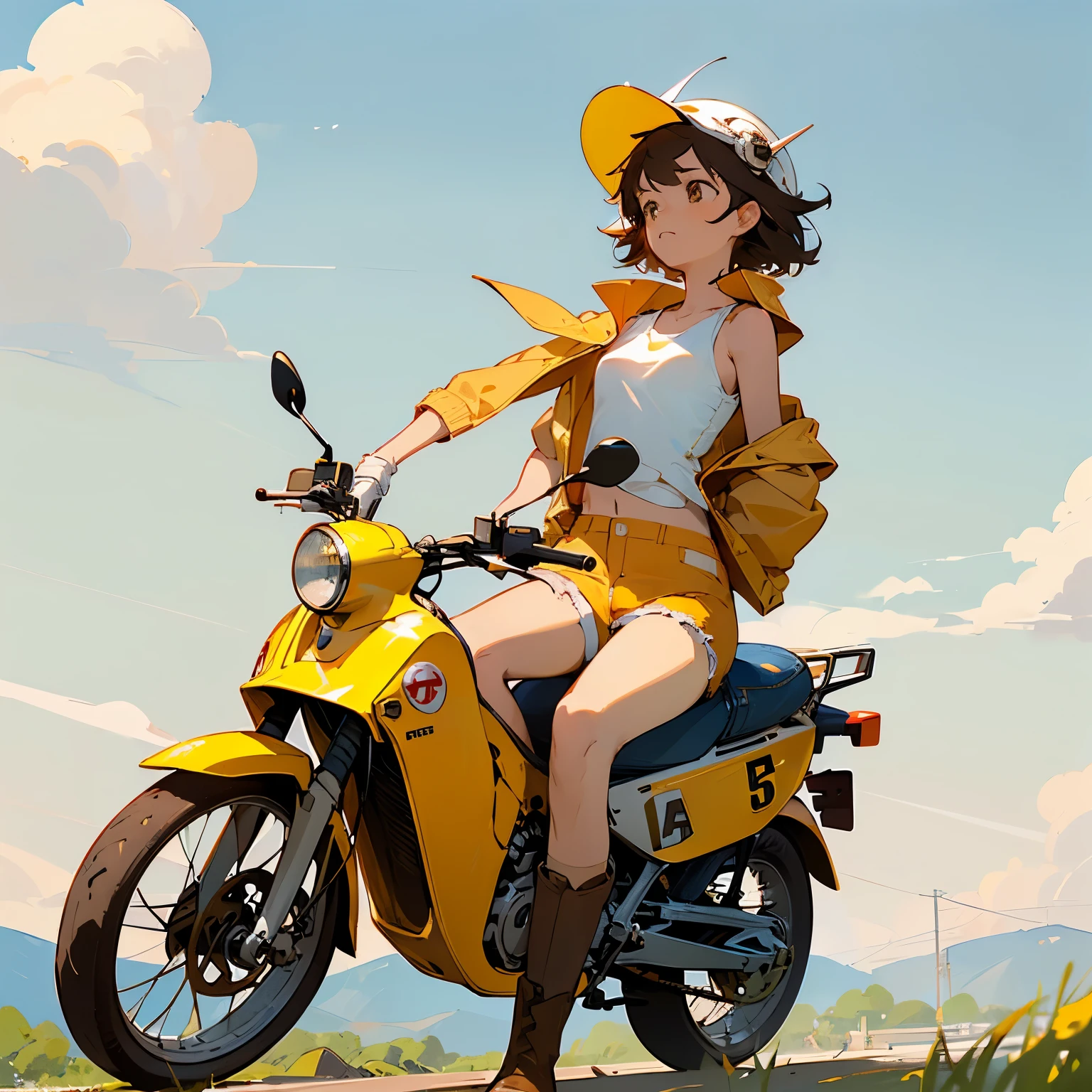 Highest quality、A girl is riding an orange Super Cub、Dark brown short cut、(Wearing a white jet helmet、White tank top、Yellow Jacket、Denim shorts、White knee-high socks、Brown work boots:1.3)、Japanese countryside scenery、Winding Road、Weeds grow along the side of the road、Blue sky、White clouds floating、Early summer sky、