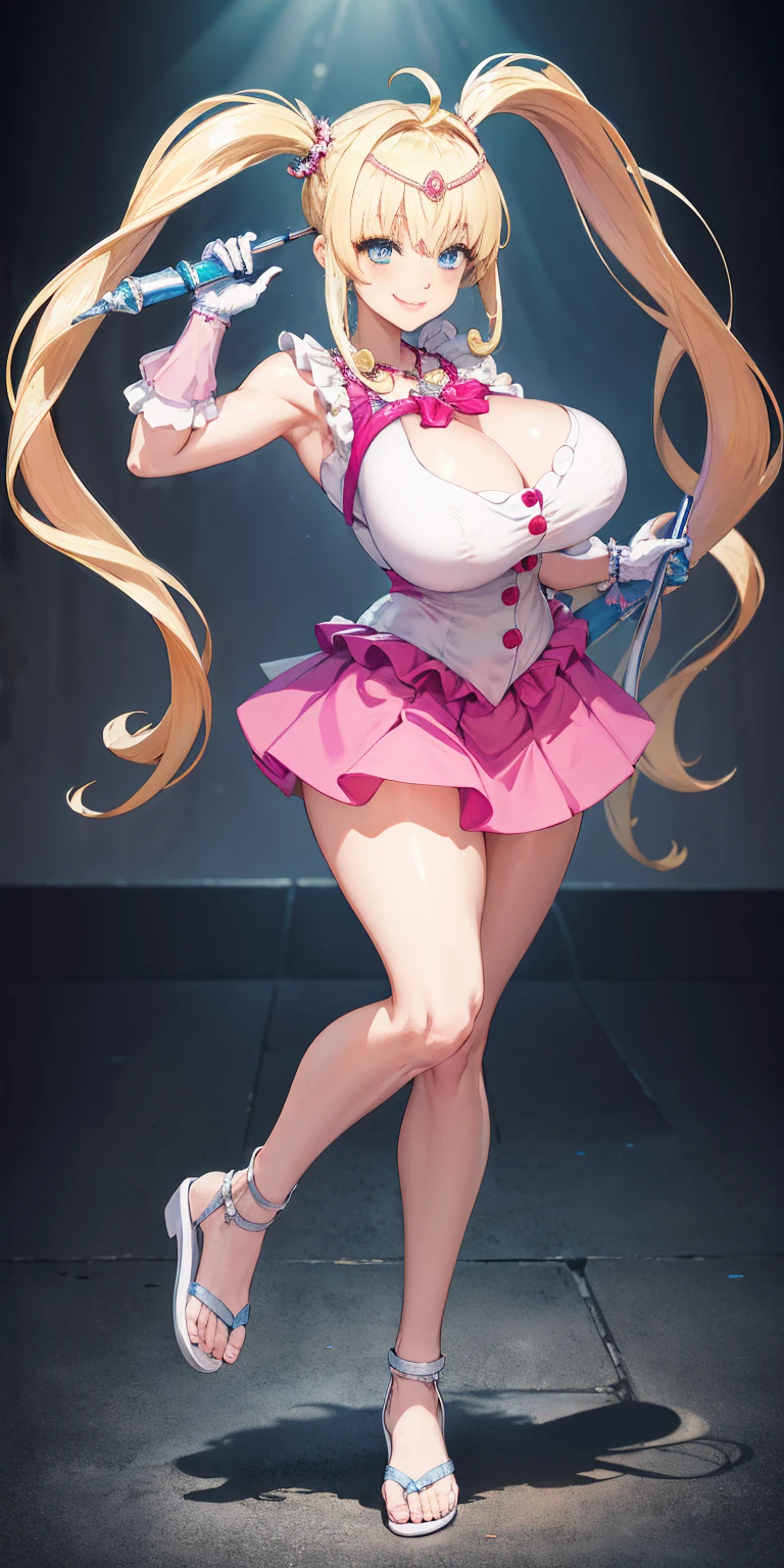 masterpiece, best quality, highres, hmnl, hmnl, twintails, tiara, blue eyes, idol, dress, gloves,(best quality, high-res, masterpiece:1.2), ultra-detailed,1.37, portraits, vivid colors, studio lighting, sharp focus, physically-based rendering, long hair, blue eyes, beautiful detailed eyes, beautiful detailed lips, twintails, tiara, ahoge, hair ornament, idol, dress, gloves, standing, smile, huge breast, curvy, staff, long skirt, standing, full body, flipflops, larges skirt, long skirt, refsheet