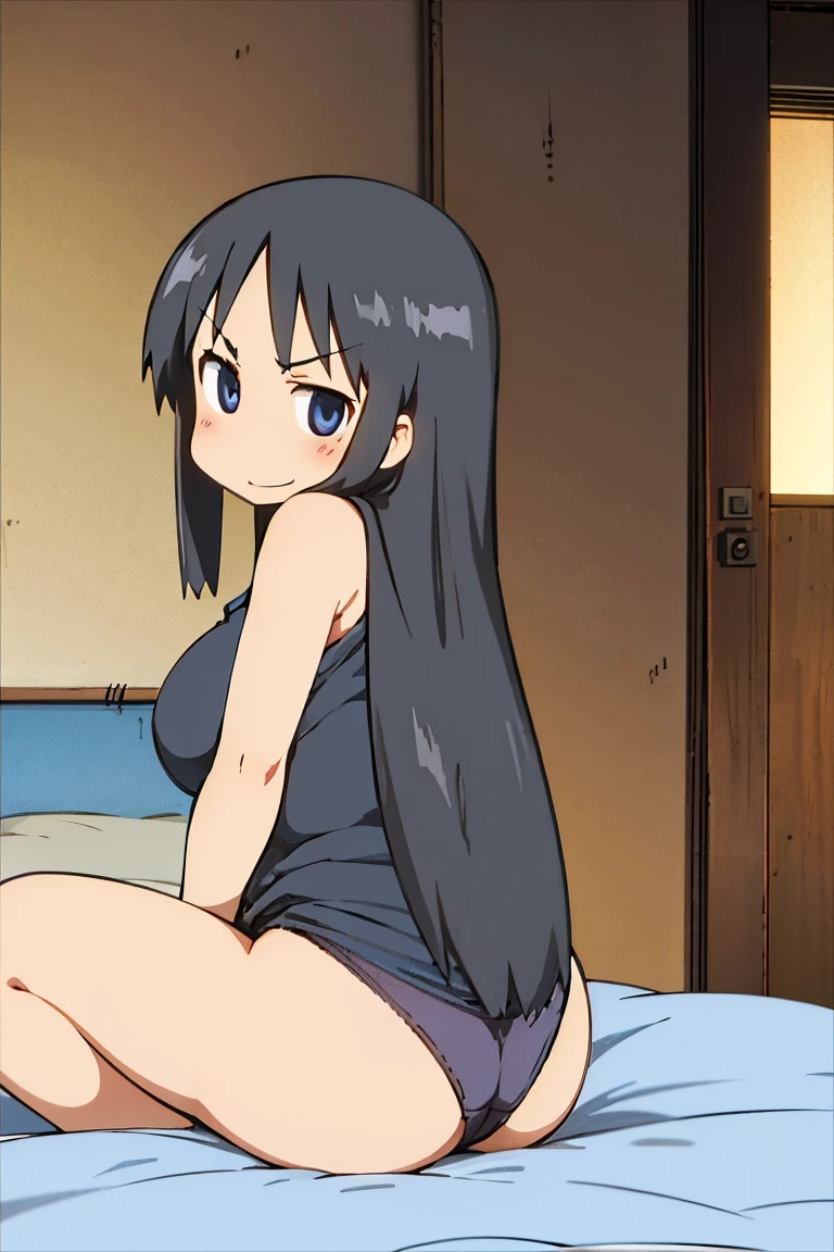 Kyoto animation, female, long hair, black hair, dark blue eye, cute face, thick eyebrows, big breast, sexy butt, slim body, atletic, sexy thigs, lingeries, underpants, bedroom, sit on the bed, sweet smile, 18 years old, showing breast