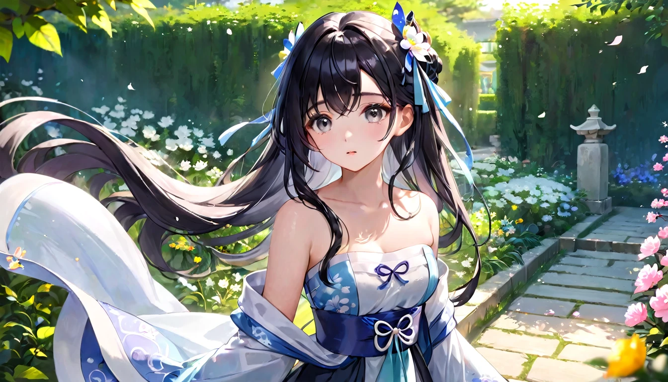 (Girl: 1.5), race, ribbon, Hanfu, (masterpiece, Side light, delicate and beautiful gray eyes: 1.2), masterpiece, Realistic, Glowing Eyes, Shiny Hair, Black Hair, Long Hair, Shiny skin, alone, awkward, Strapless, delicate, beautiful, garden, Flowers, Fluttering petals,